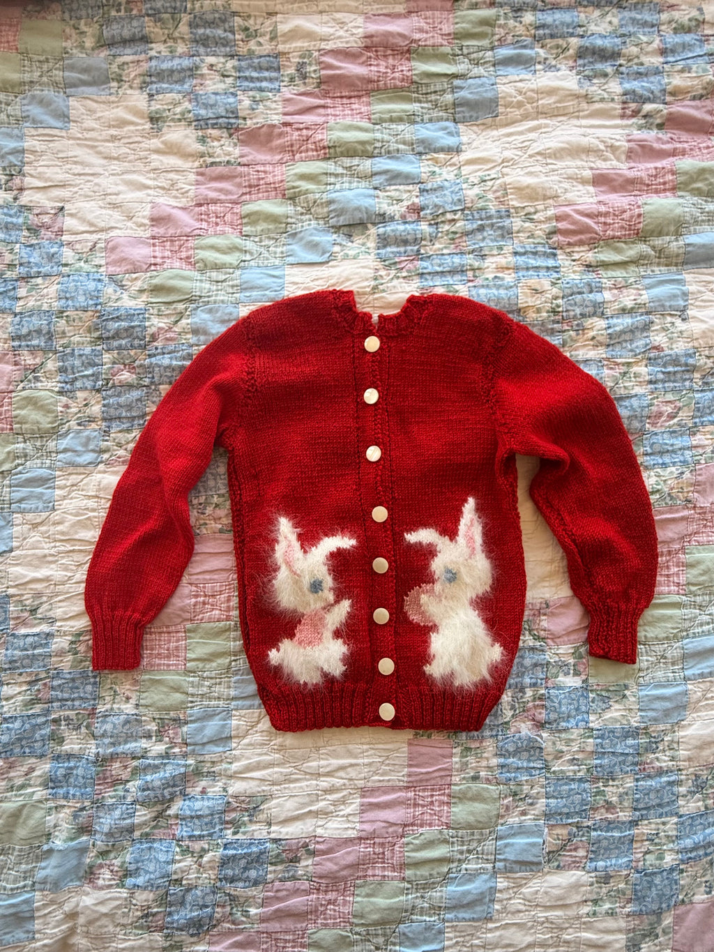 1950s hand knit wool cardigan with angora bunnies