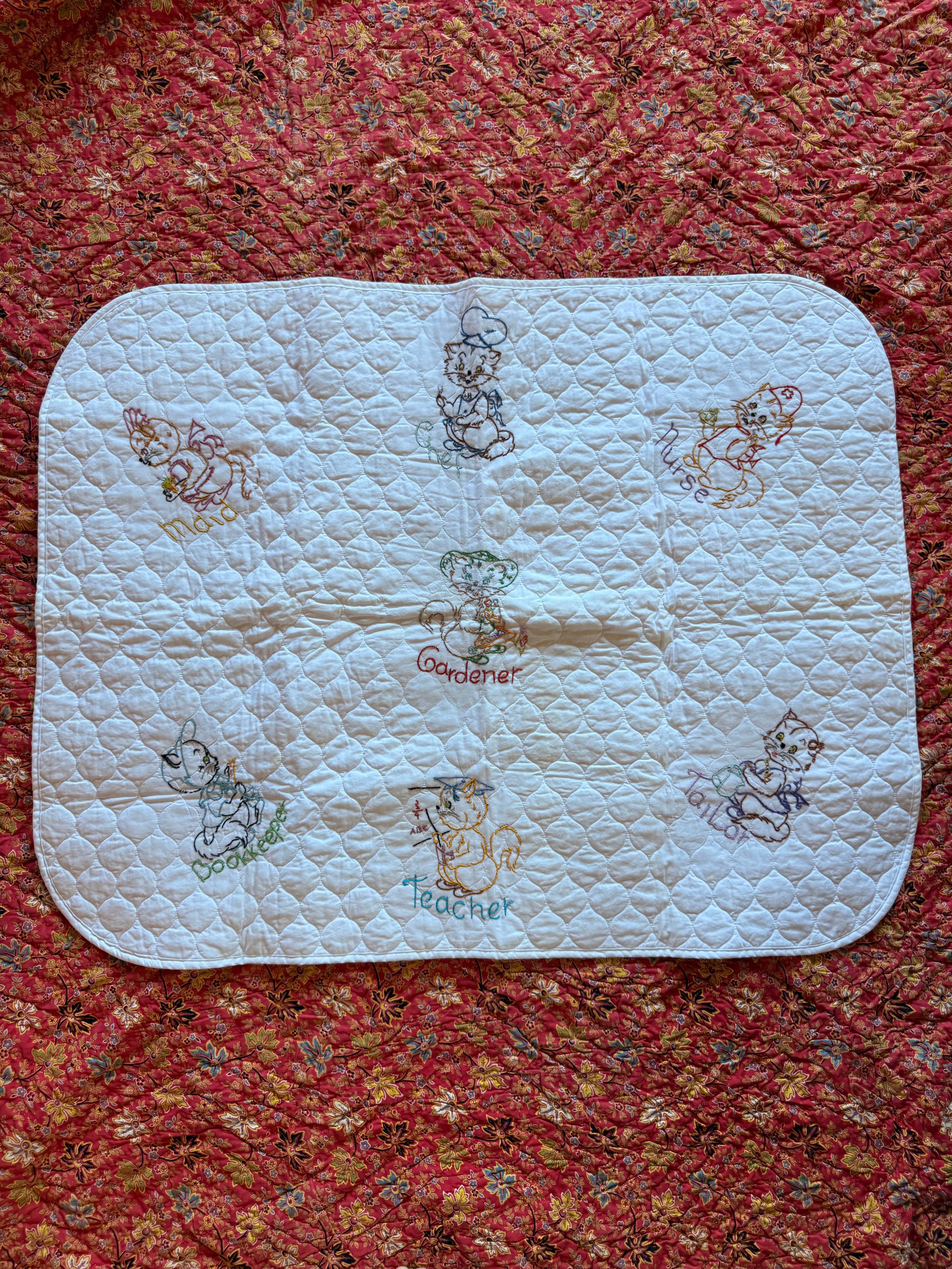 1970s embroidered worker mouse crib quilt