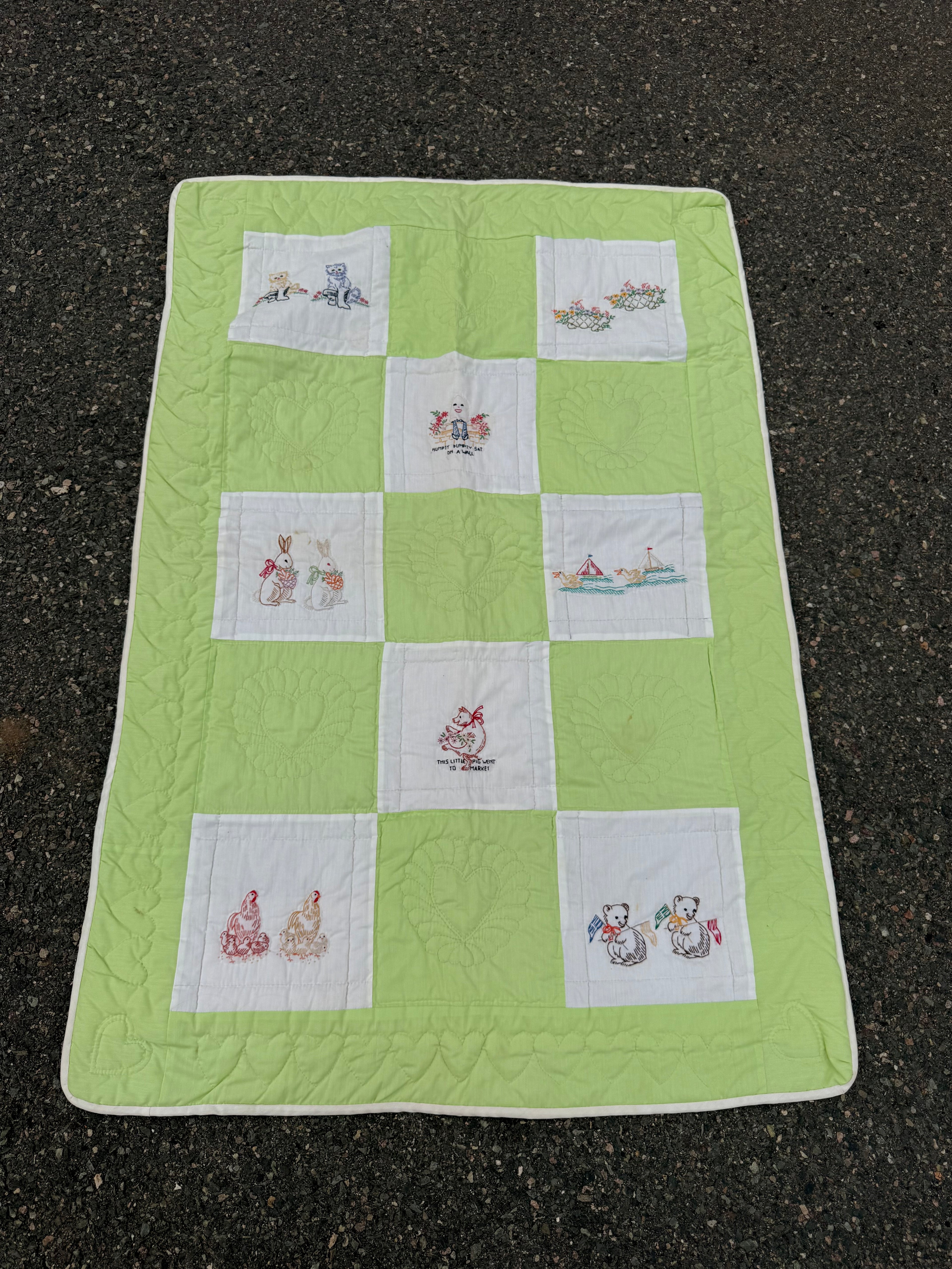 1970s embroidered nursery rhyme crib quilt