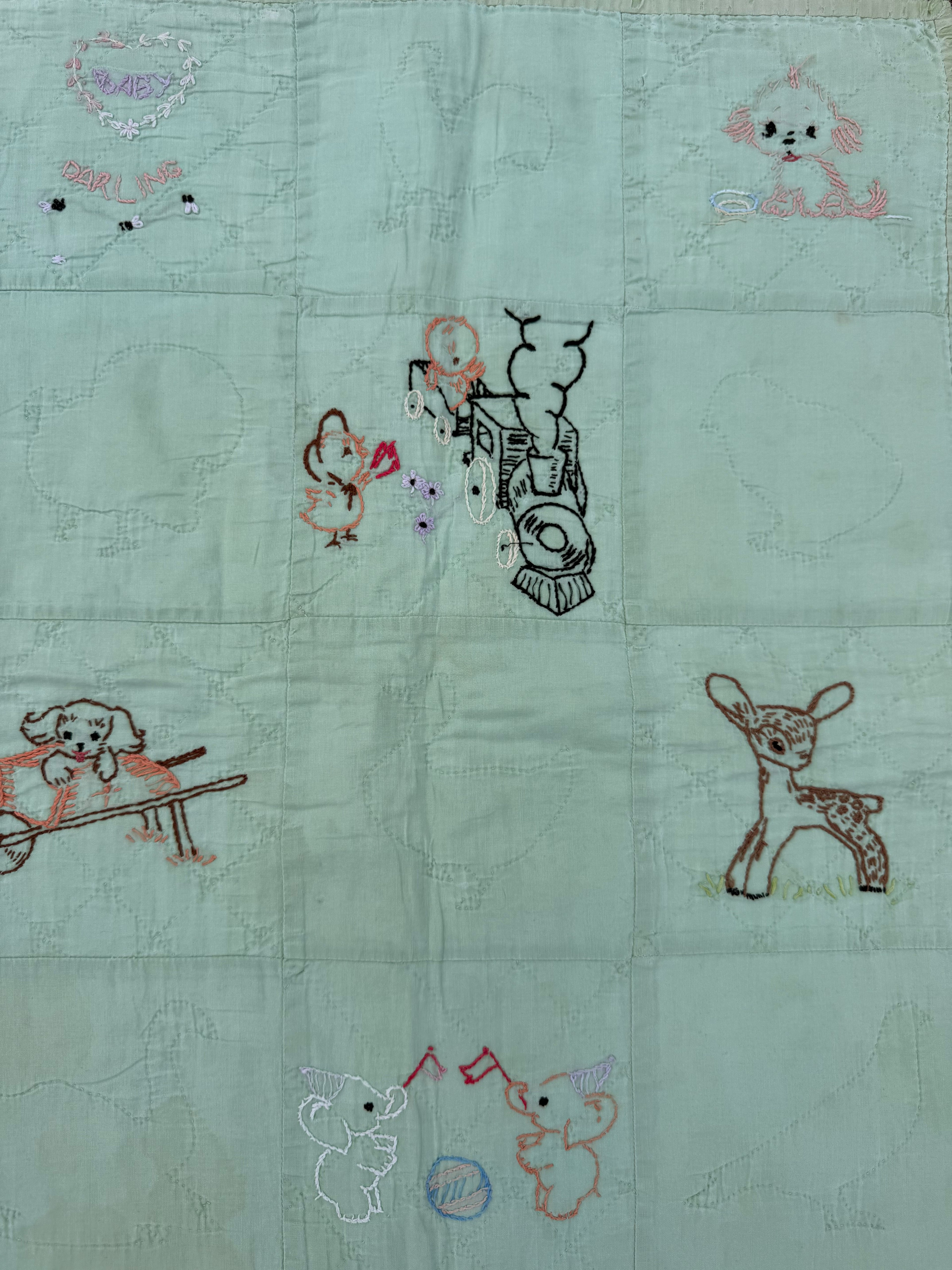1940s embroidered animal friends crib quilt