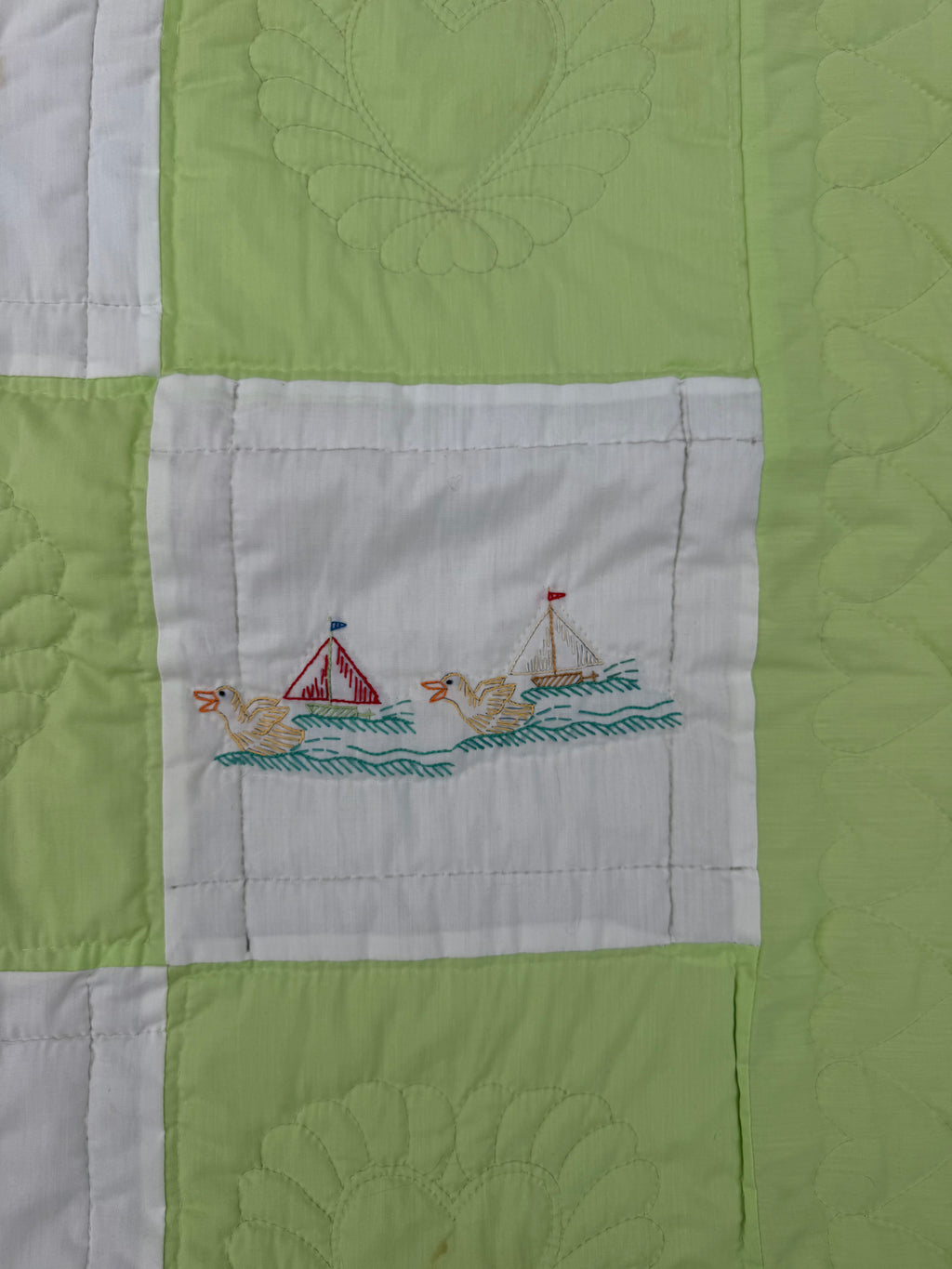 1970s embroidered nursery rhyme crib quilt
