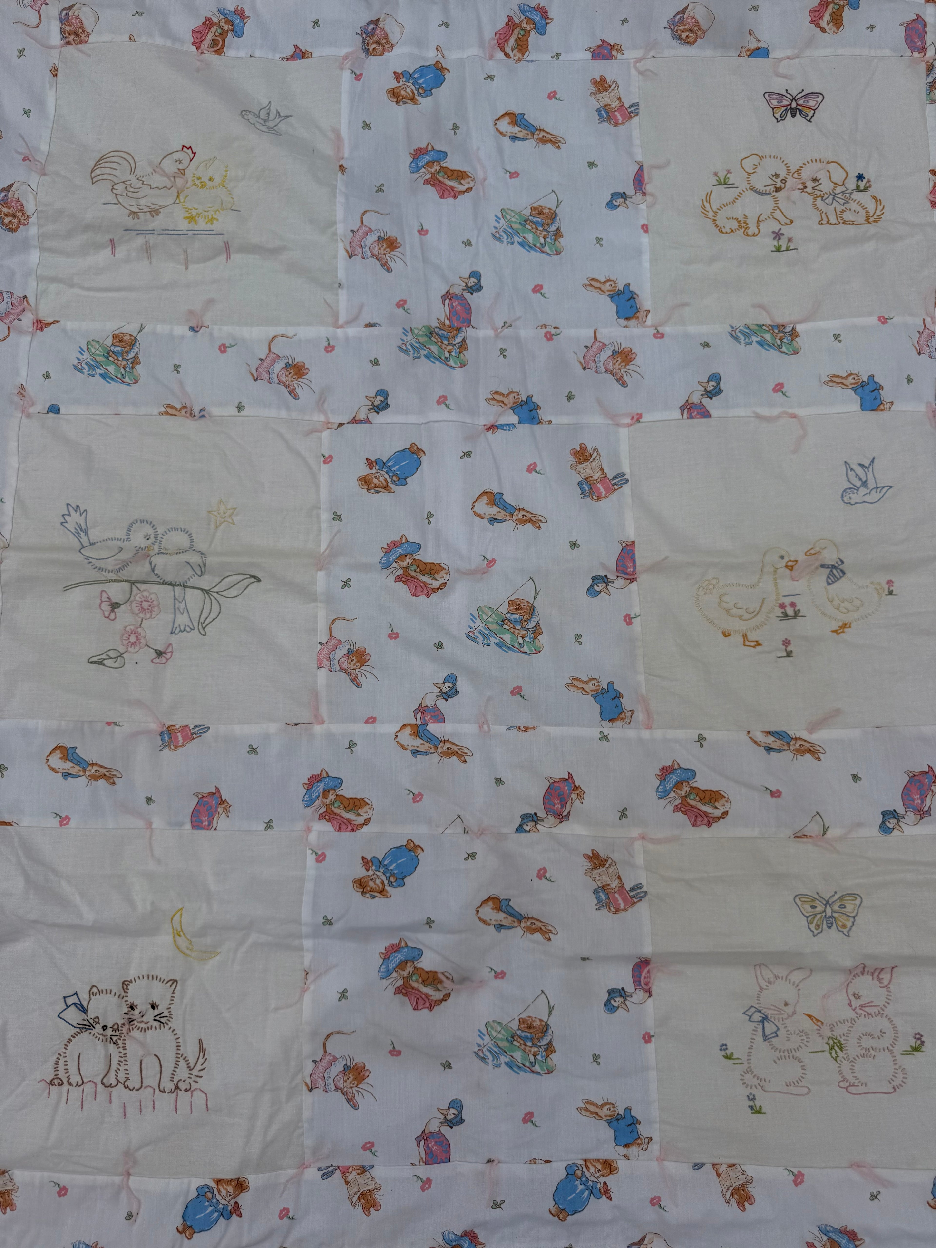 1980s embroidered beatrix potter crib quilt
