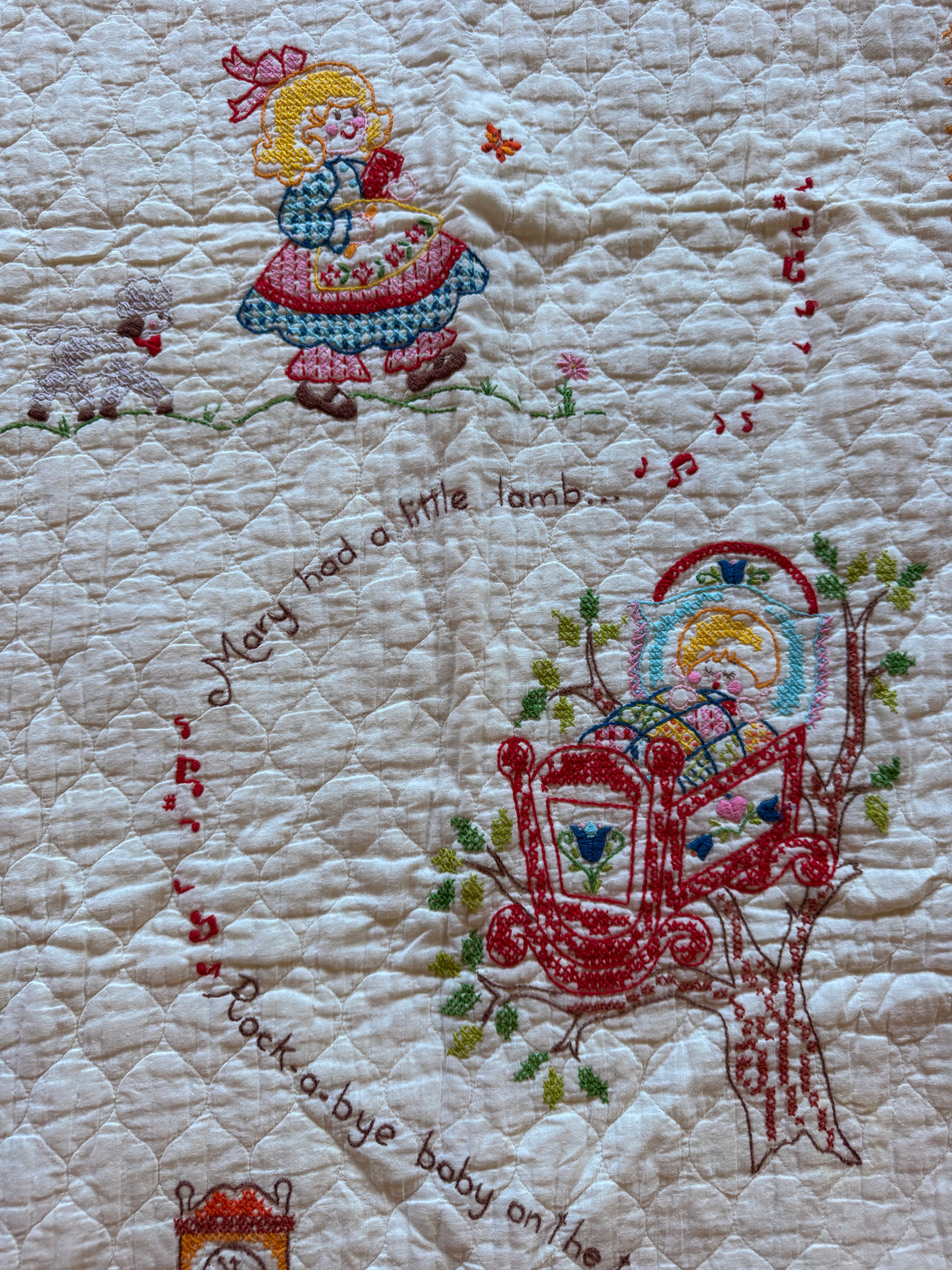 1970s nursery rhyme cross stitch crib quilt