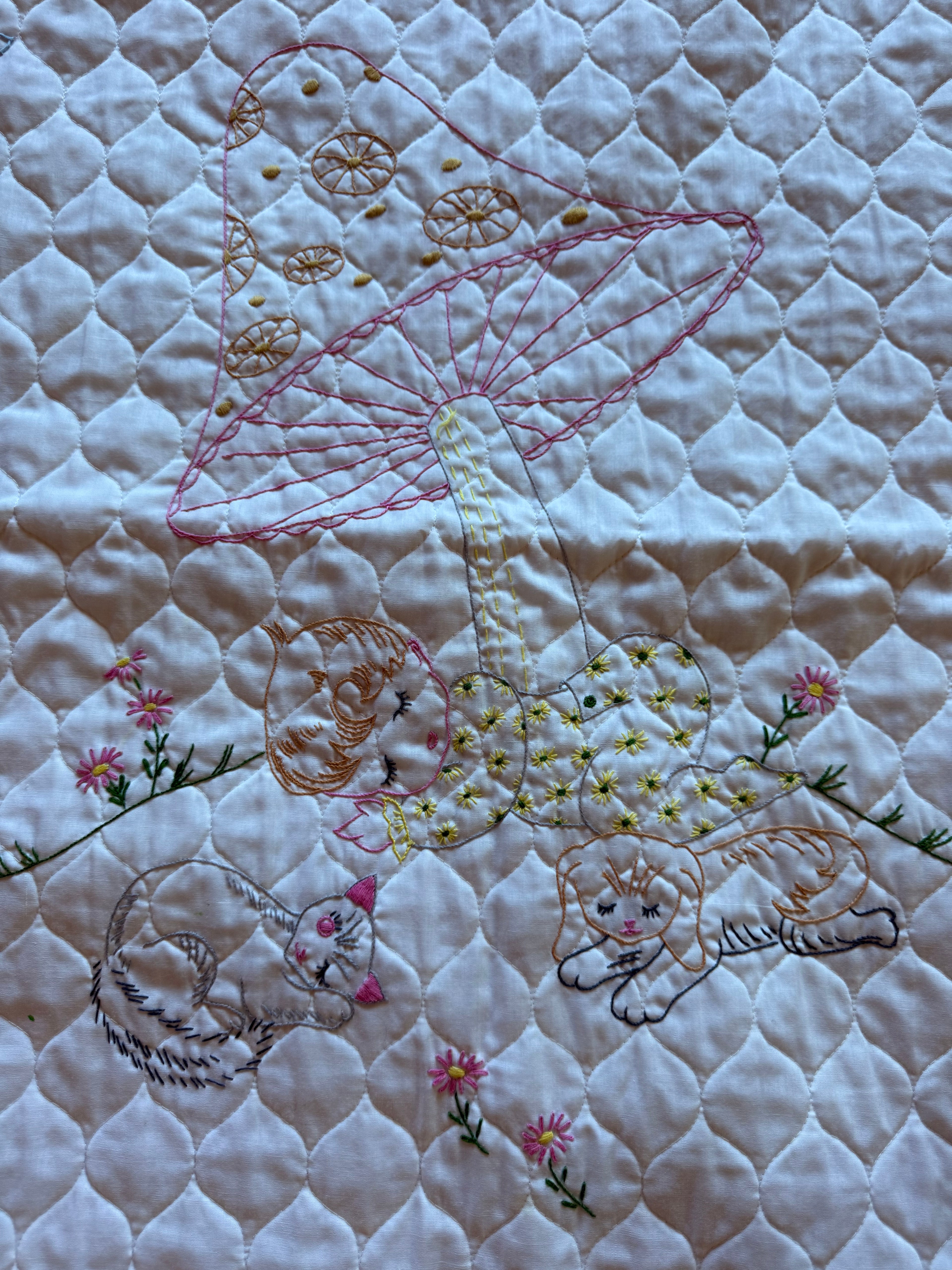 1970s embroidered mushroom baby quilt, white