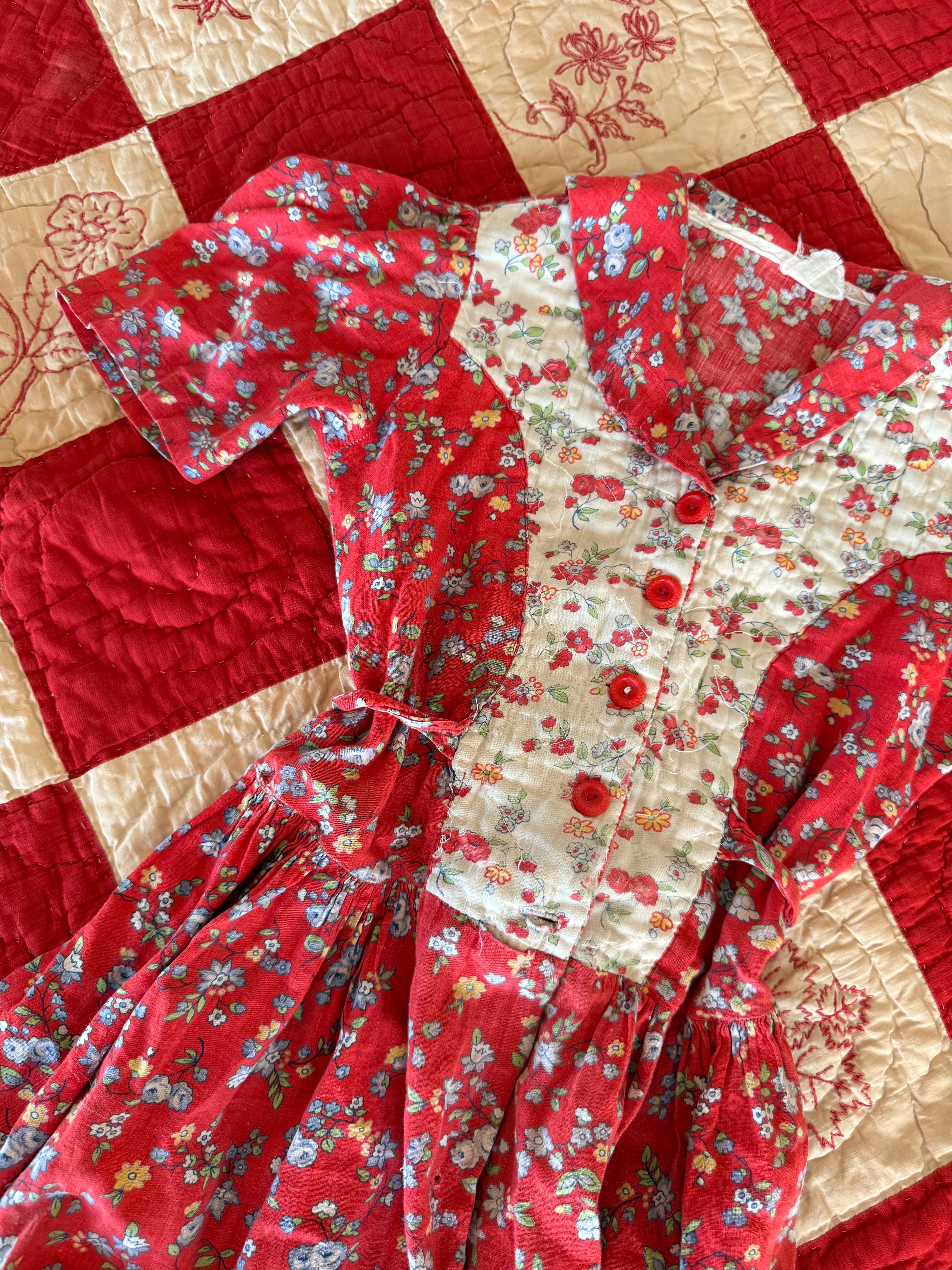 1940s quilted red housecoat dress