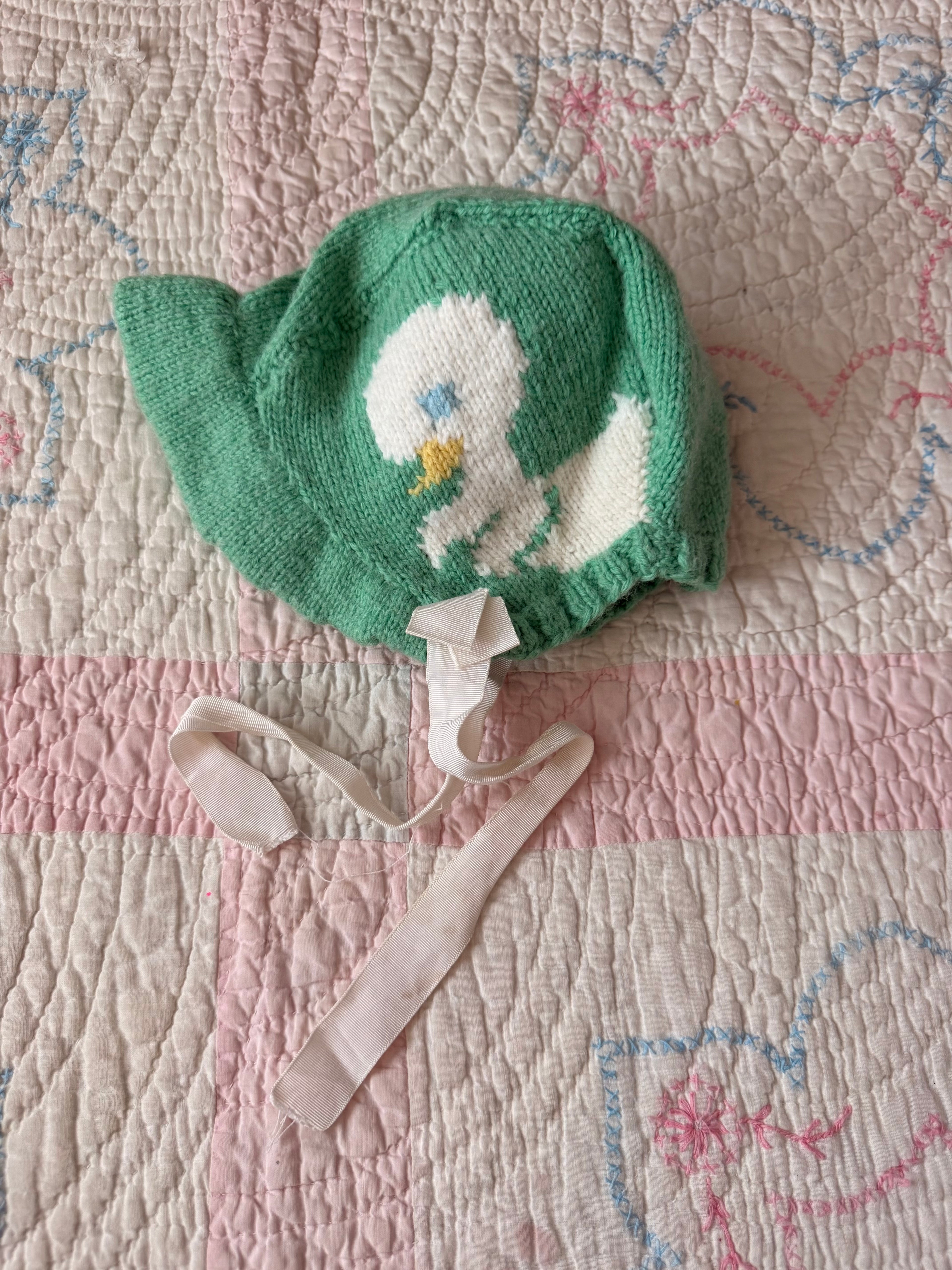 1950s hand knit wool ducky cardigan & bonnet
