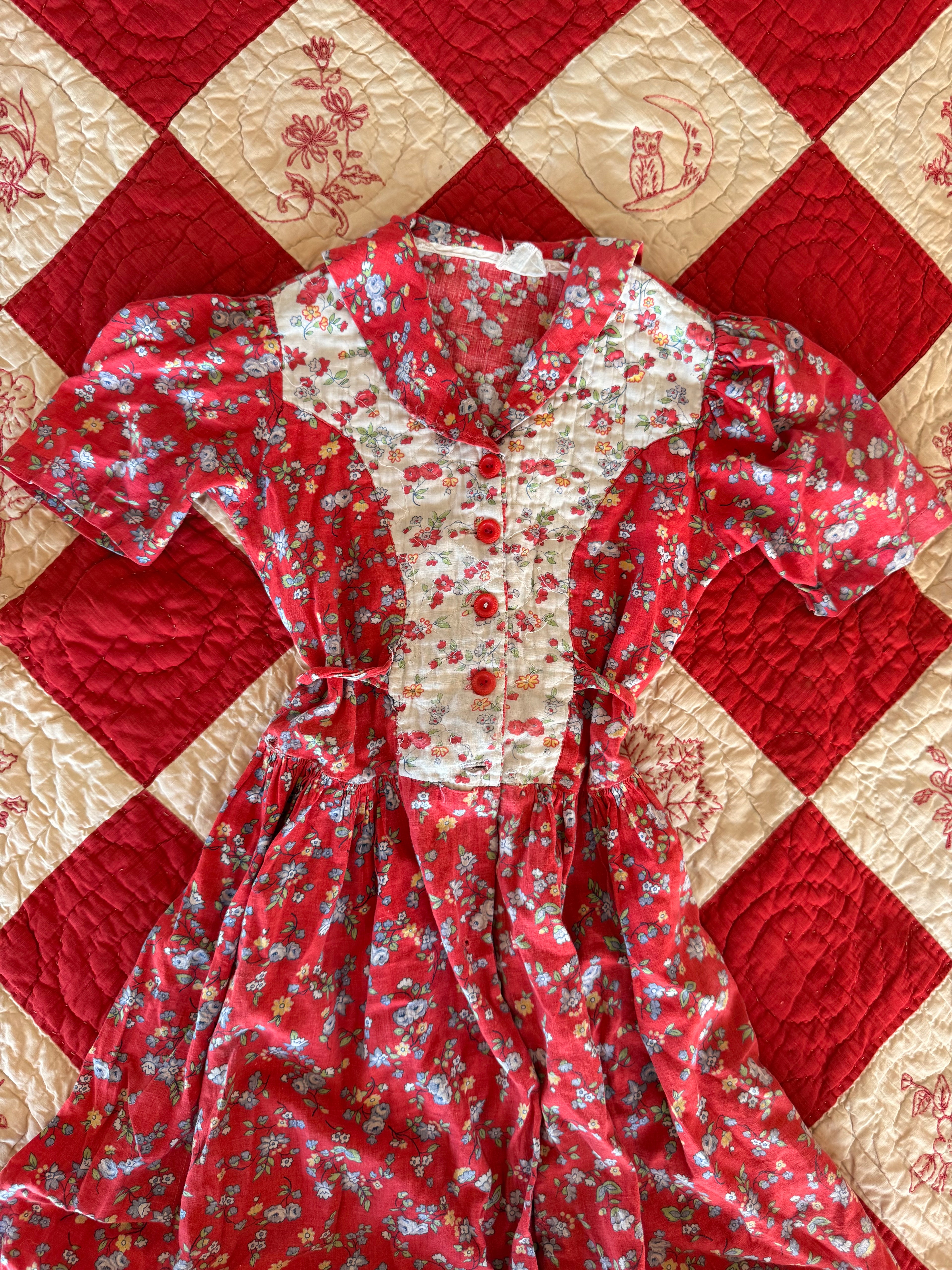 1940s quilted red housecoat dress