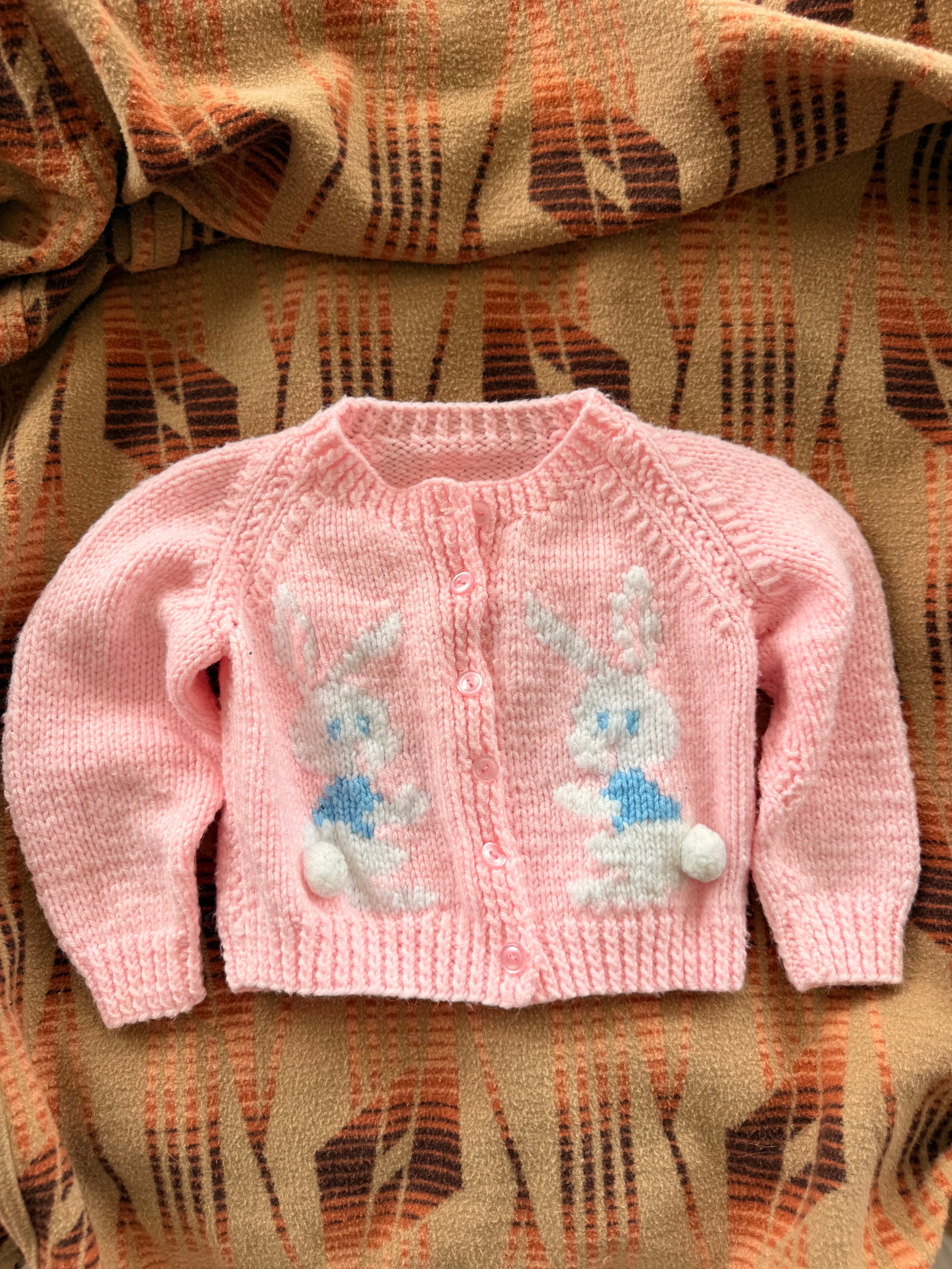 1970s pink wool double bunny cardigan