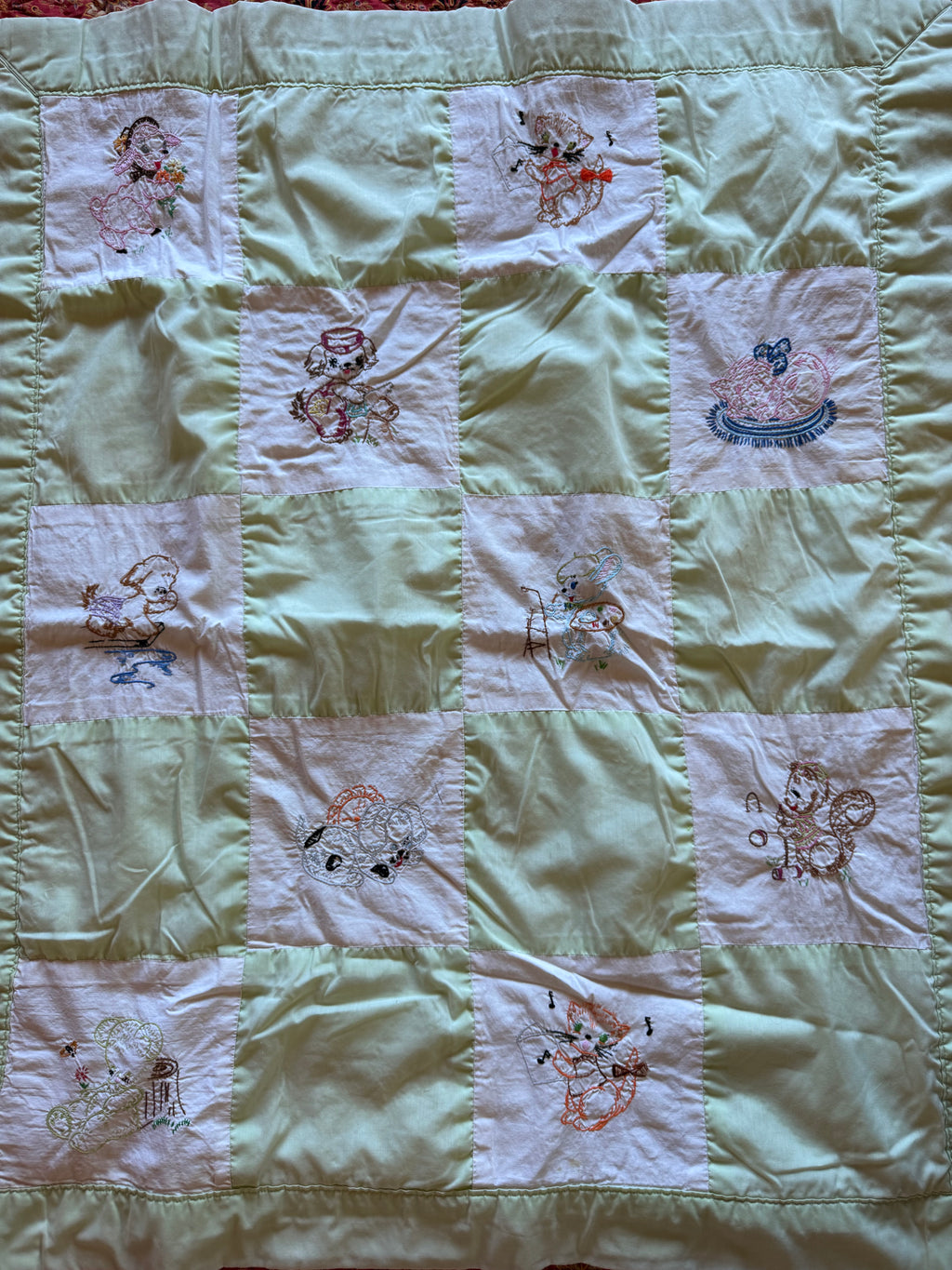 1960s happy little animals embroidered crib quilt