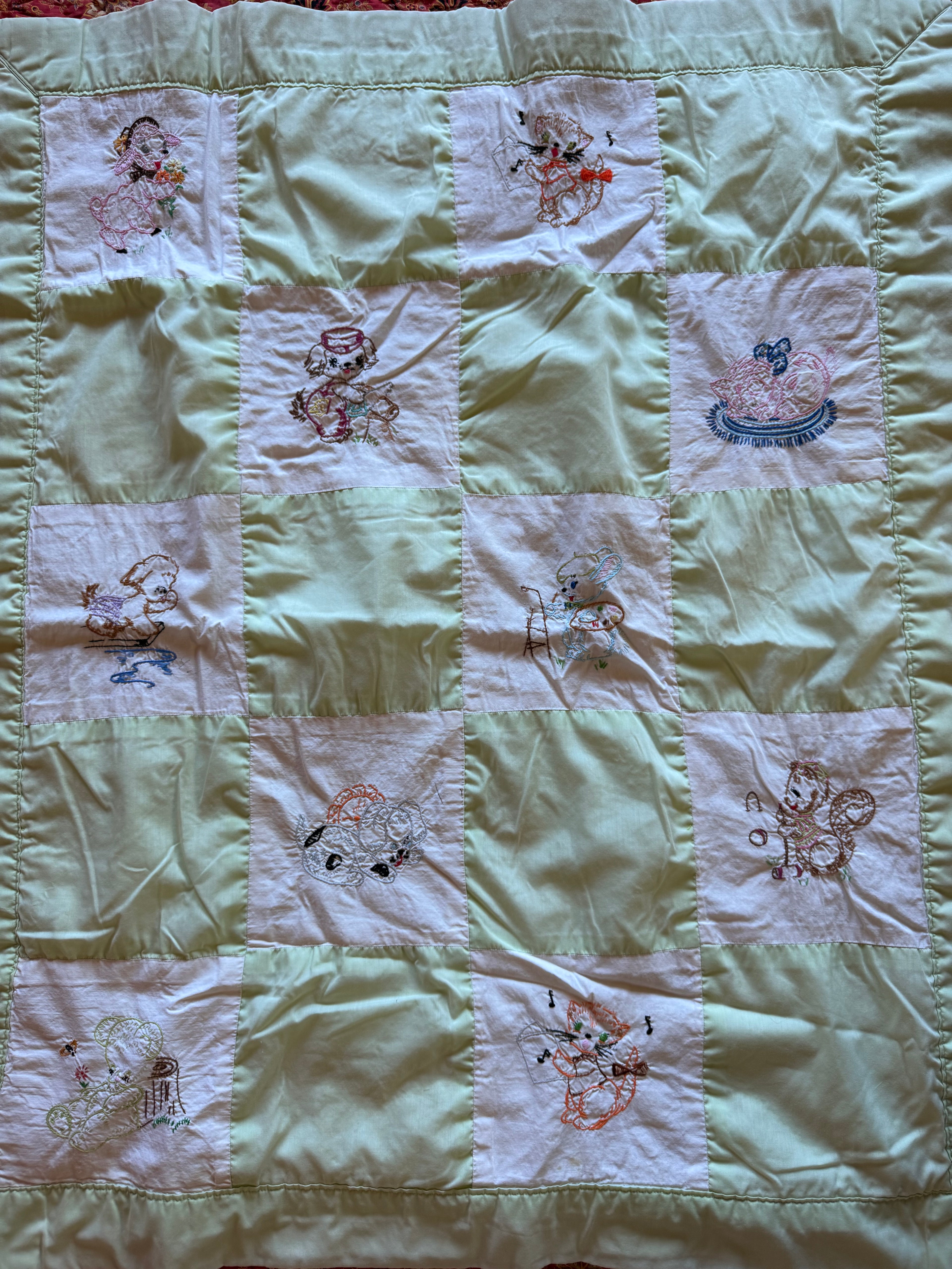 1960s happy little animals embroidered crib quilt