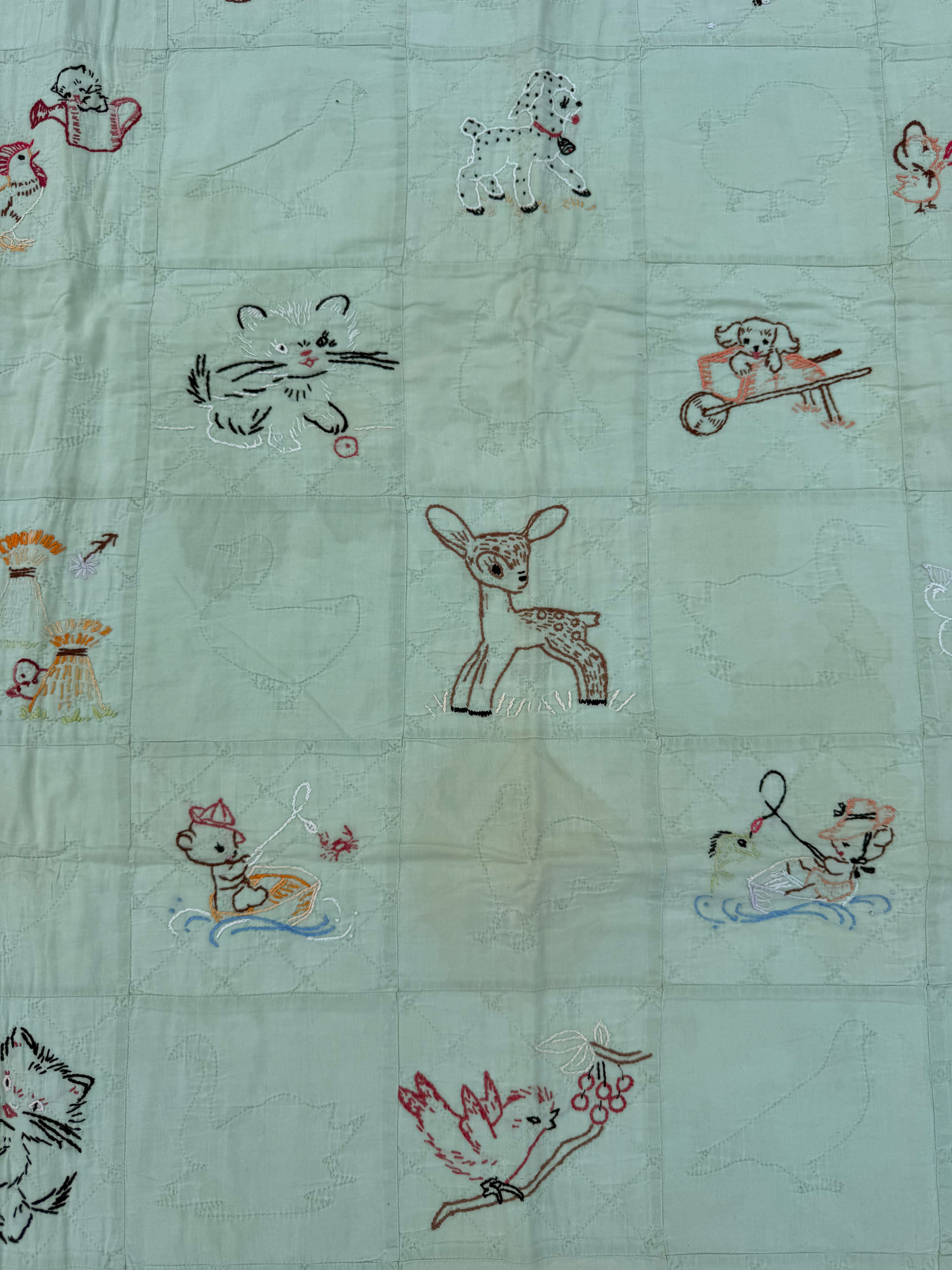 1940s embroidered animal friends crib quilt