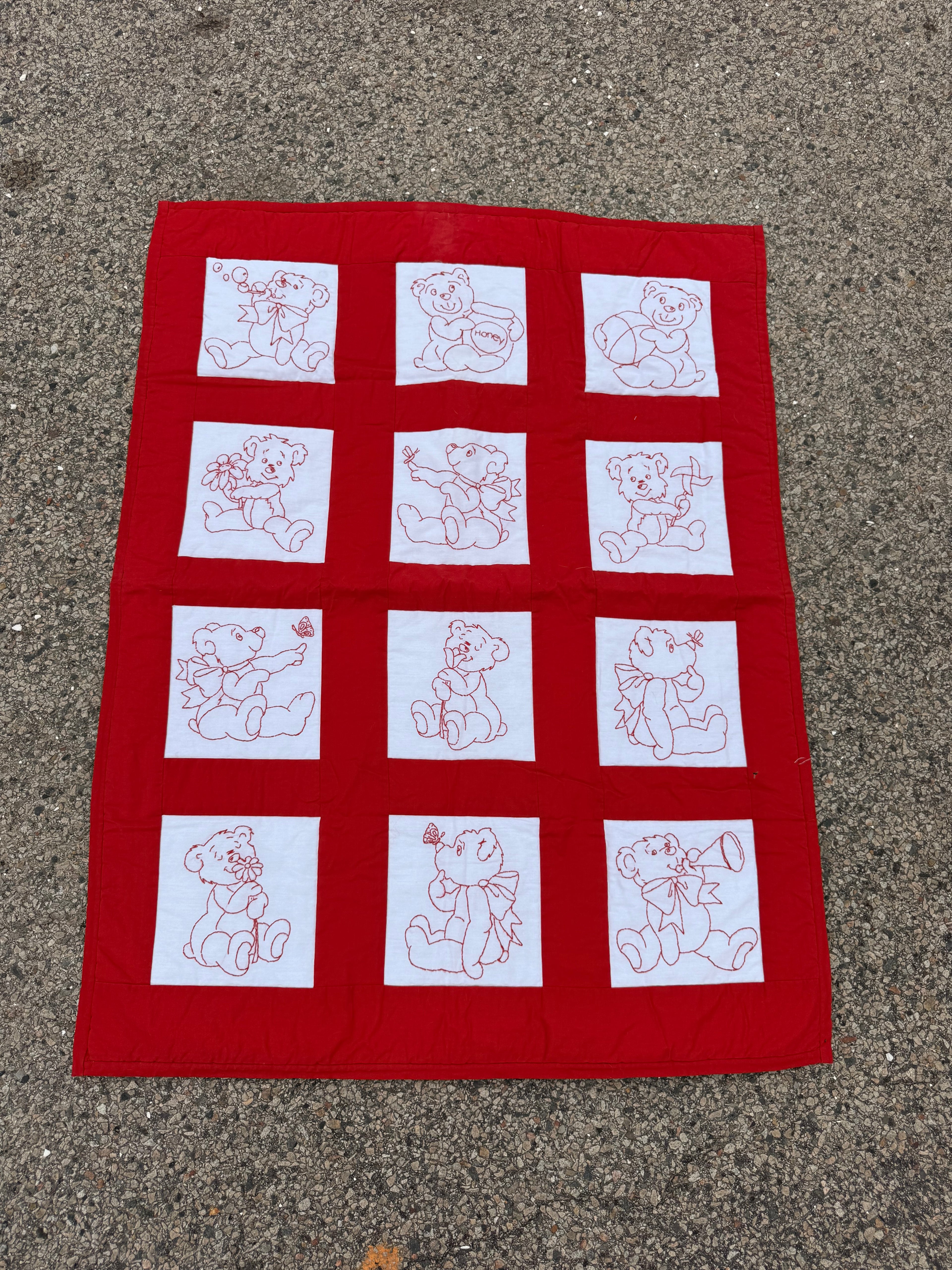 1980s teddy bear redwork crib quilt