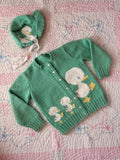 1950s hand knit wool ducky cardigan & bonnet