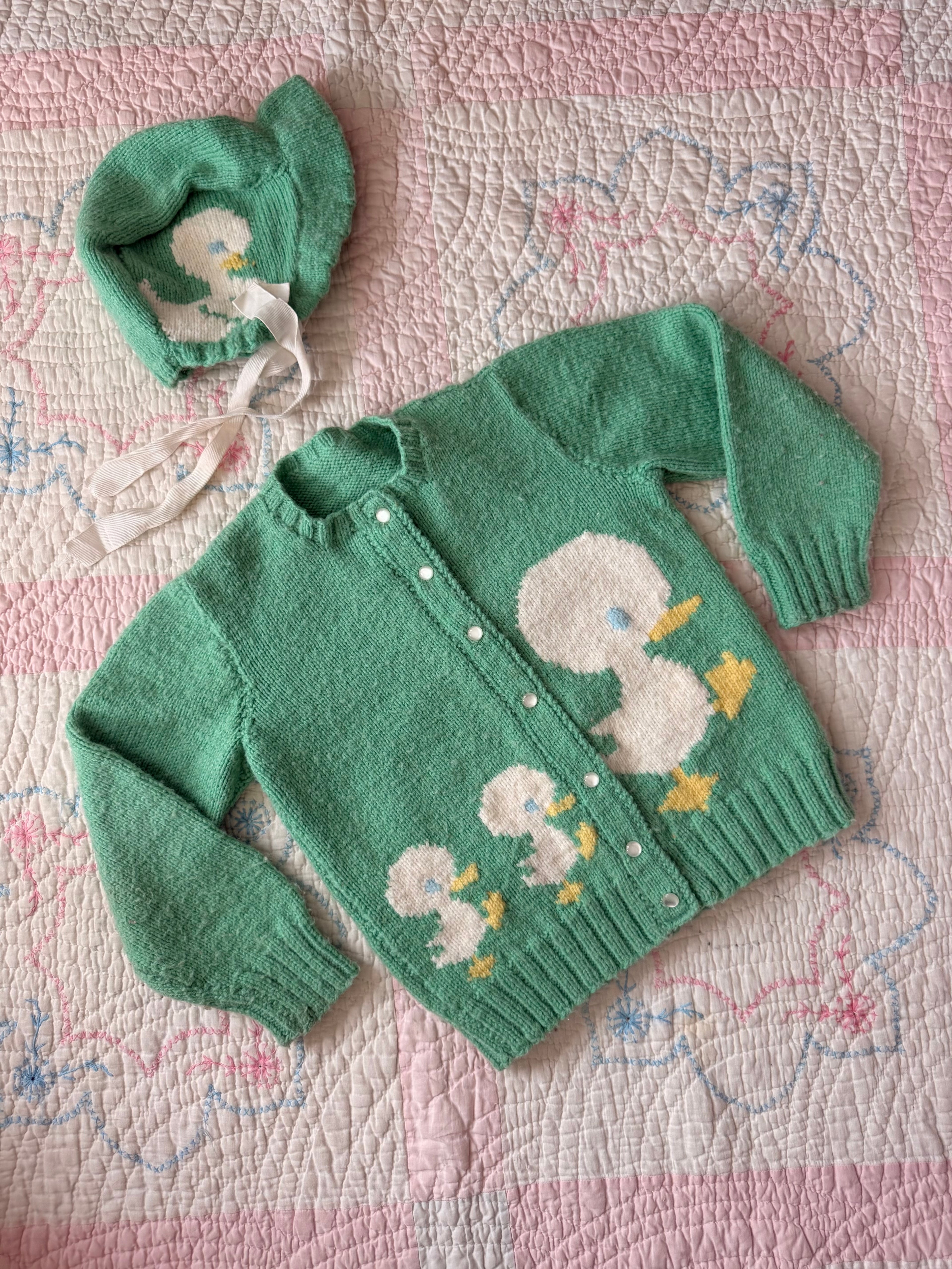 1950s hand knit wool ducky cardigan & bonnet