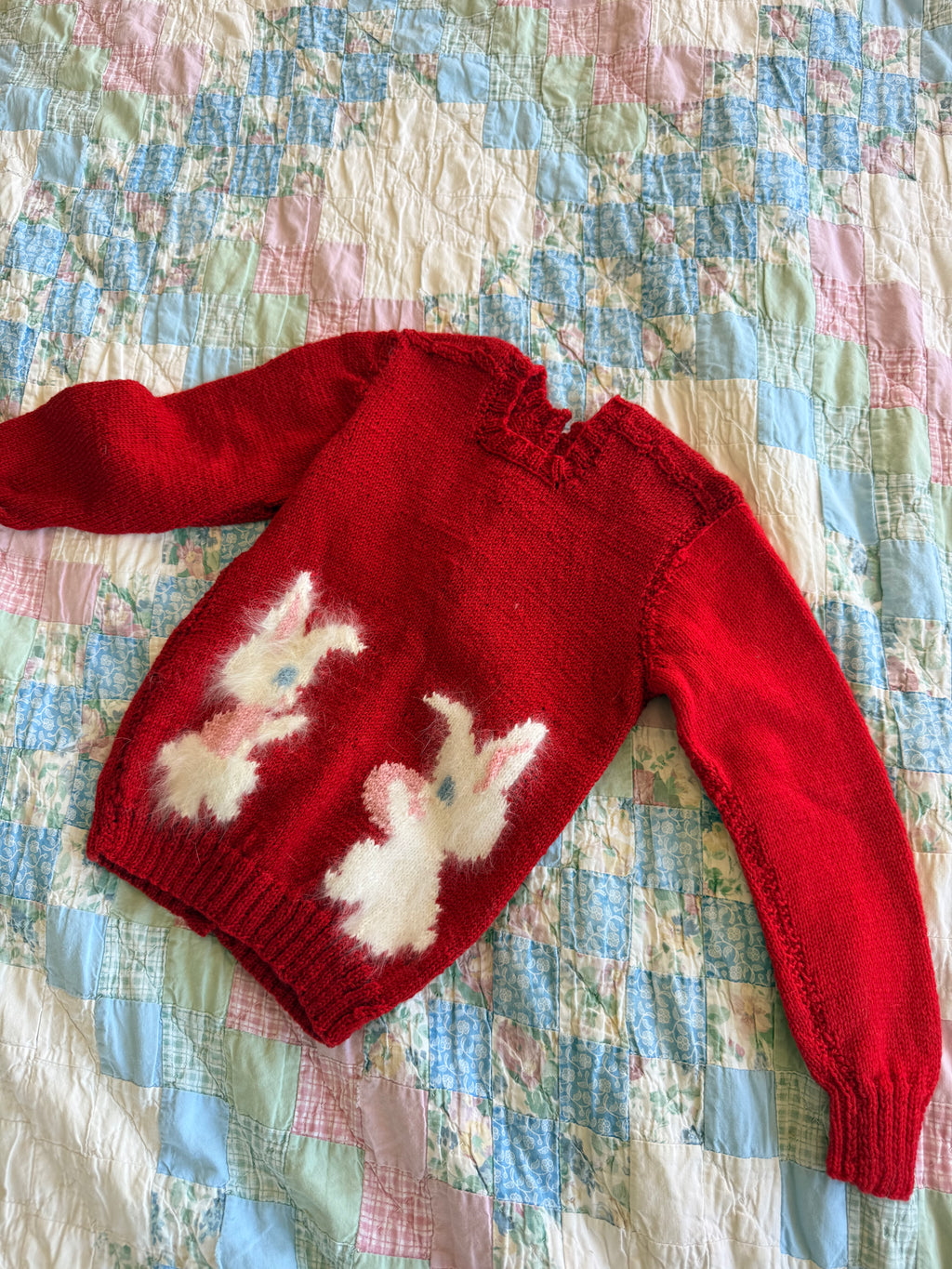 1950s hand knit wool cardigan with angora bunnies