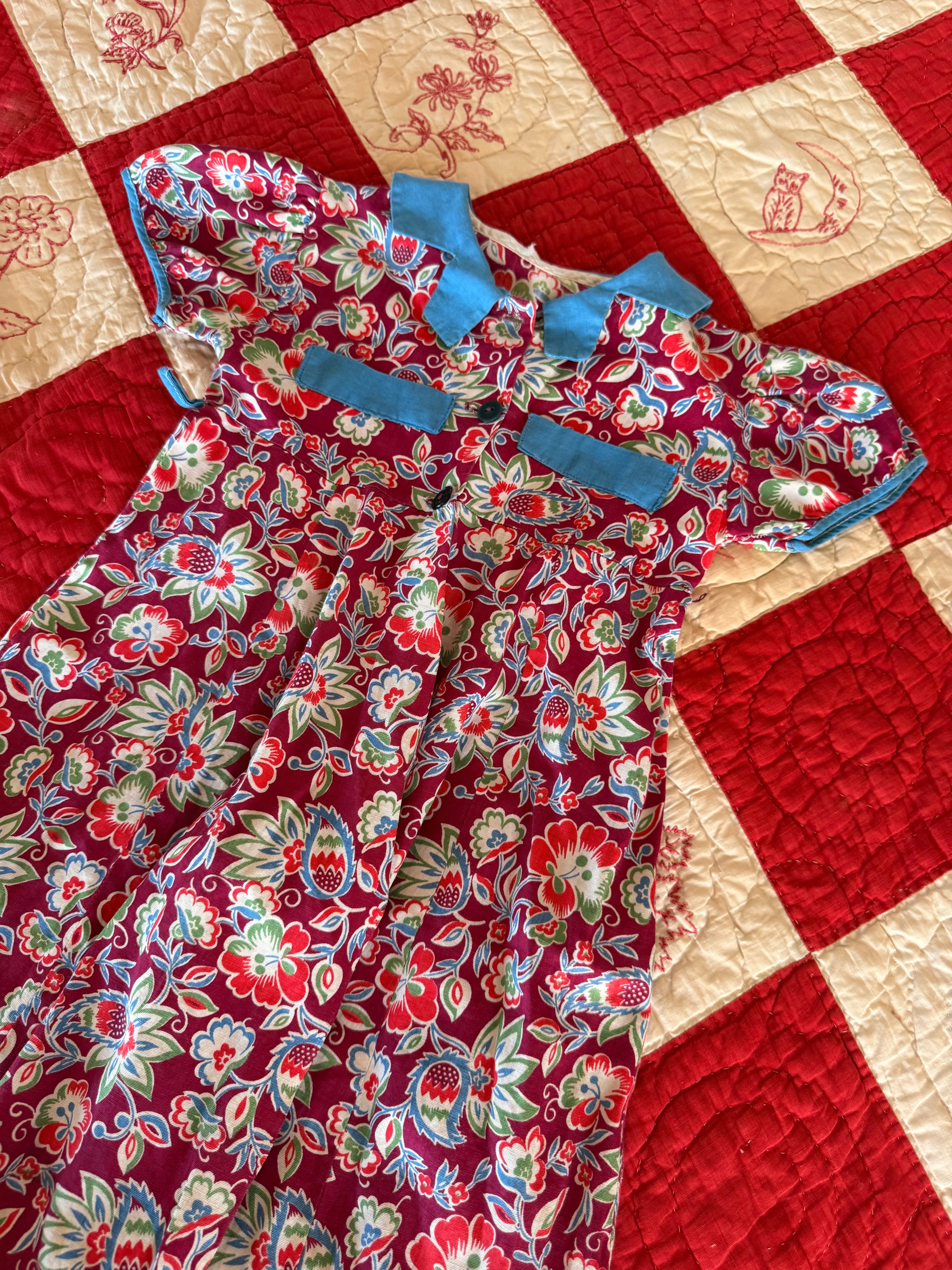 1940s burgundy floral housecoat dress