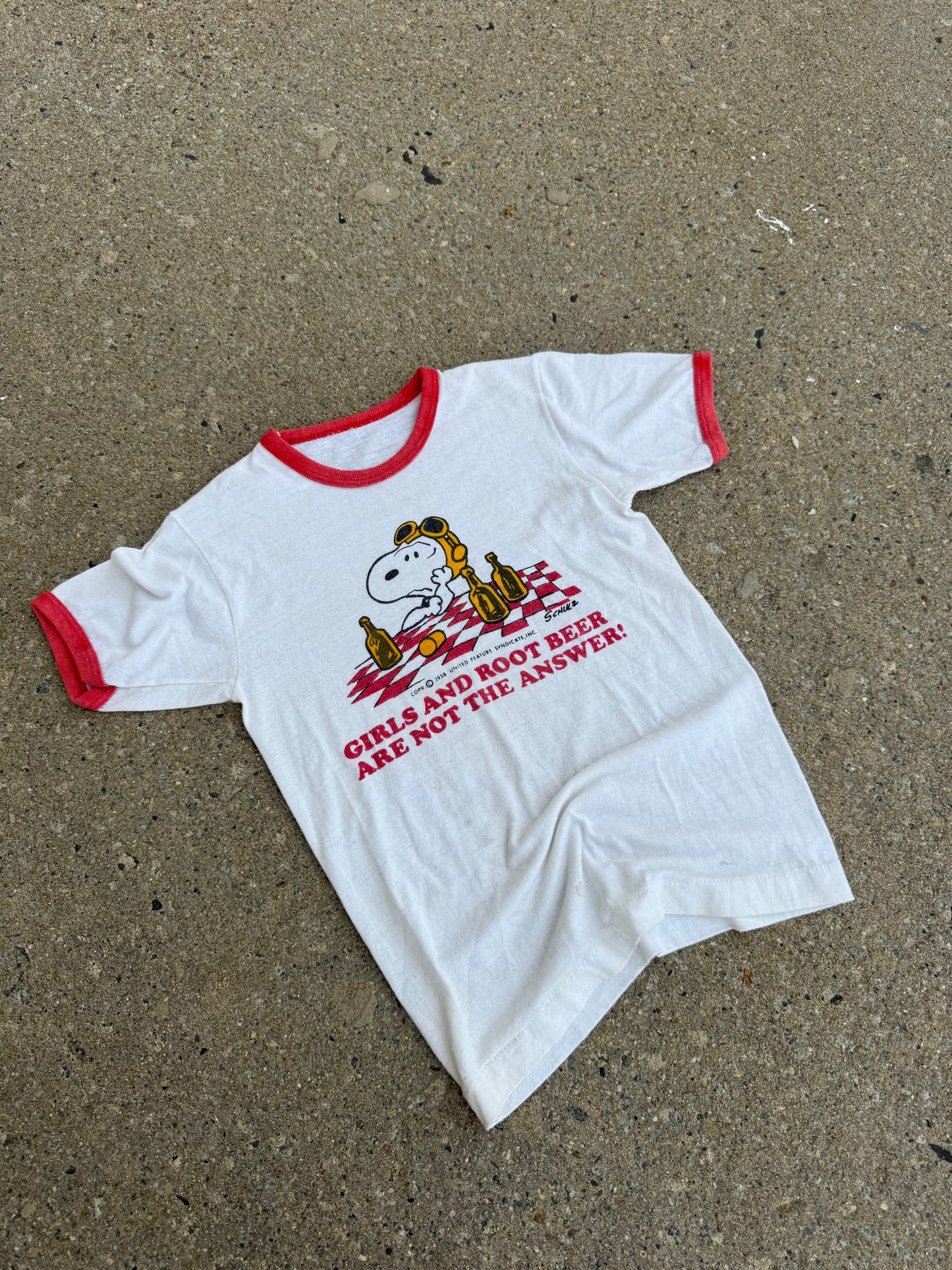 1960s peanuts snoopy tee, girls and rootbeer
