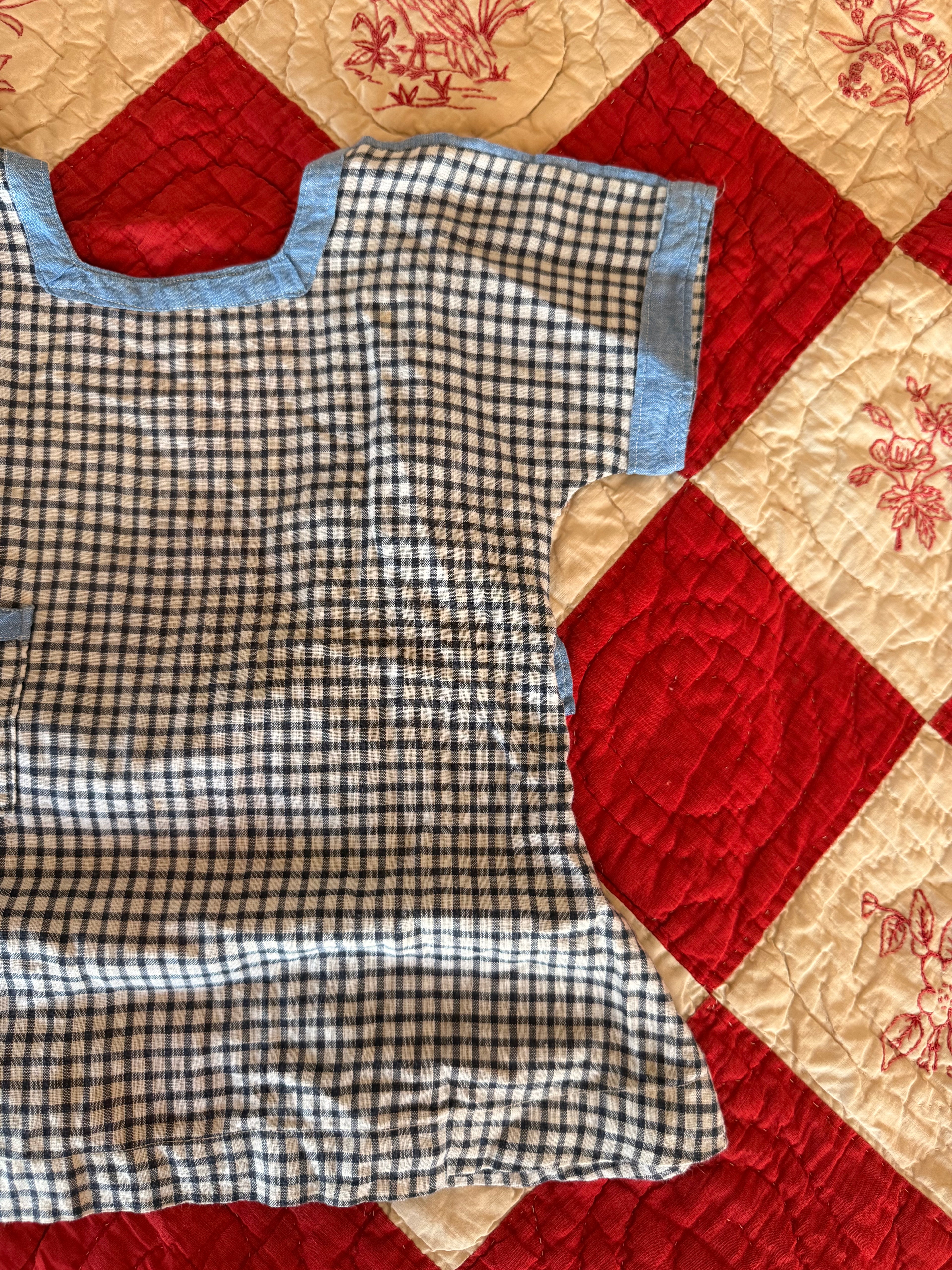 1920s blue checkered apron dress