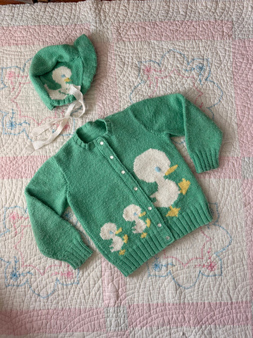 1950s hand knit wool ducky cardigan & bonnet