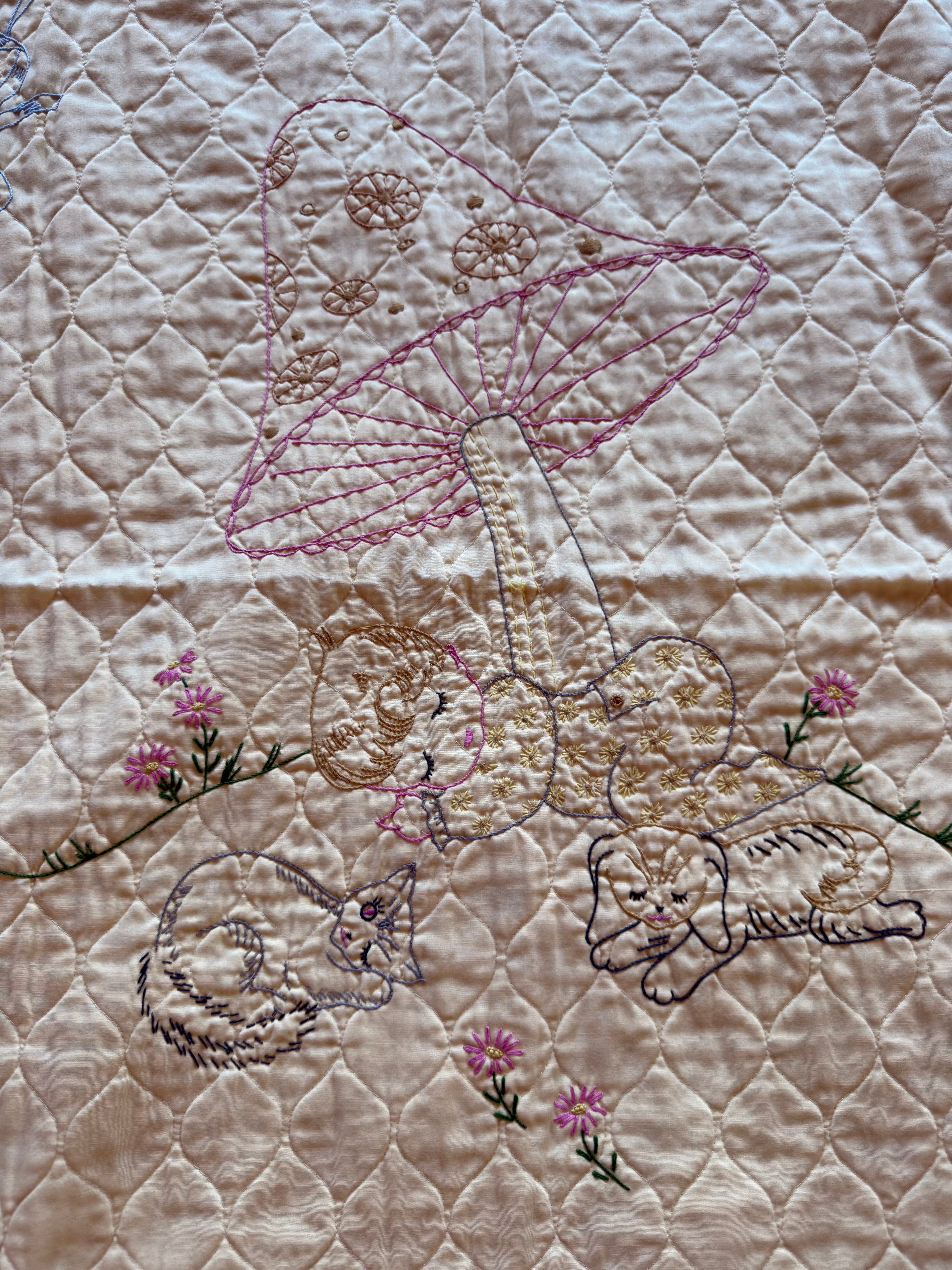 1970s mushroom baby embroidered crib quilt, yellow