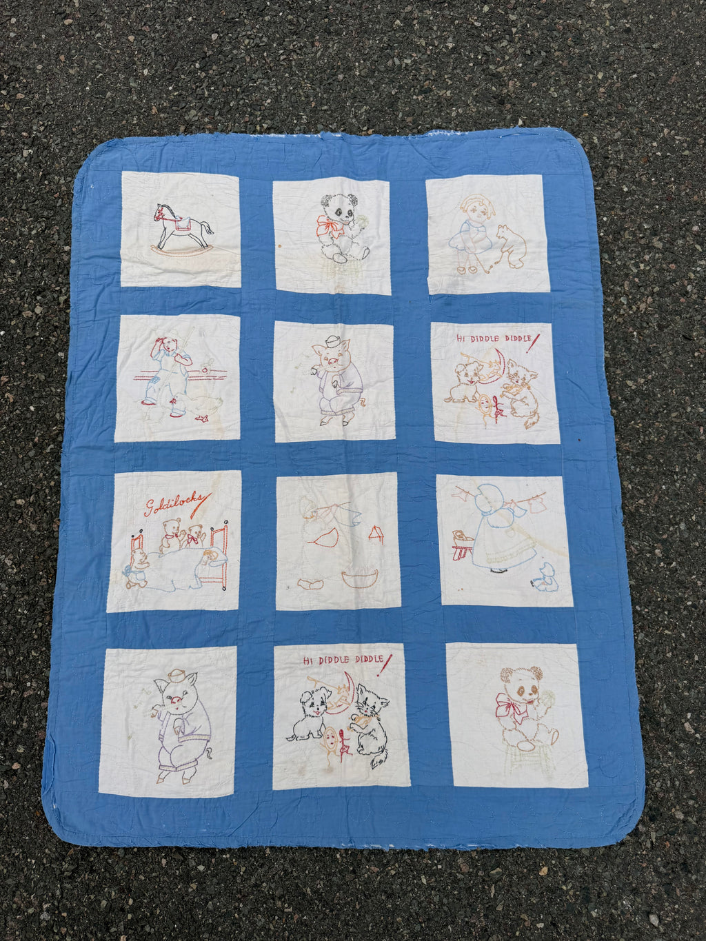 1940s embroidered nursery rhyme crib quilt