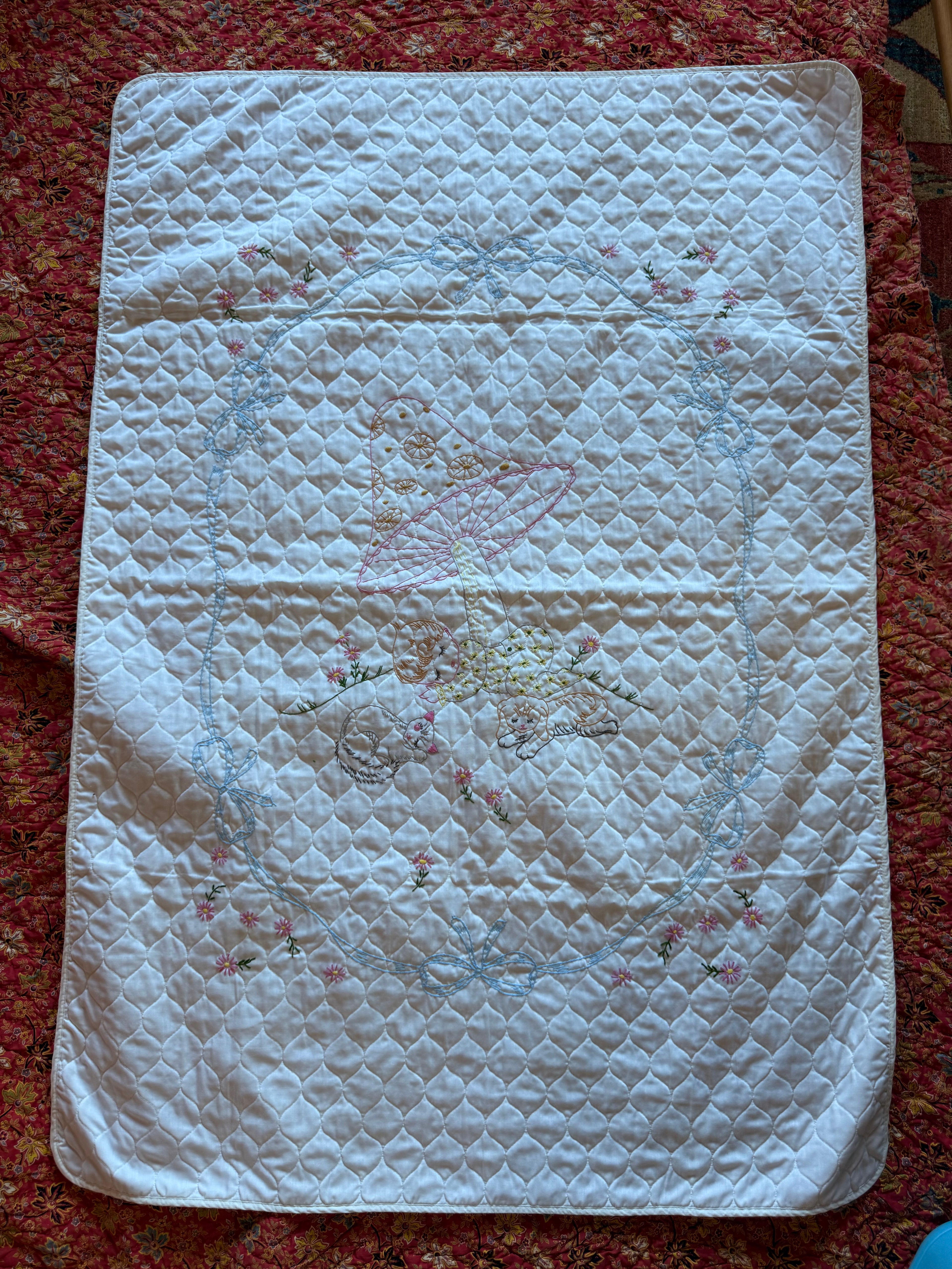 1970s embroidered mushroom baby quilt, white