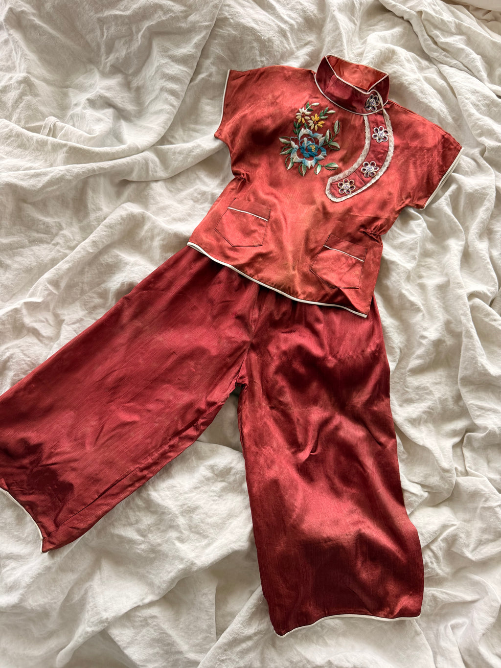 1960s chinese rust silk satin lounge set