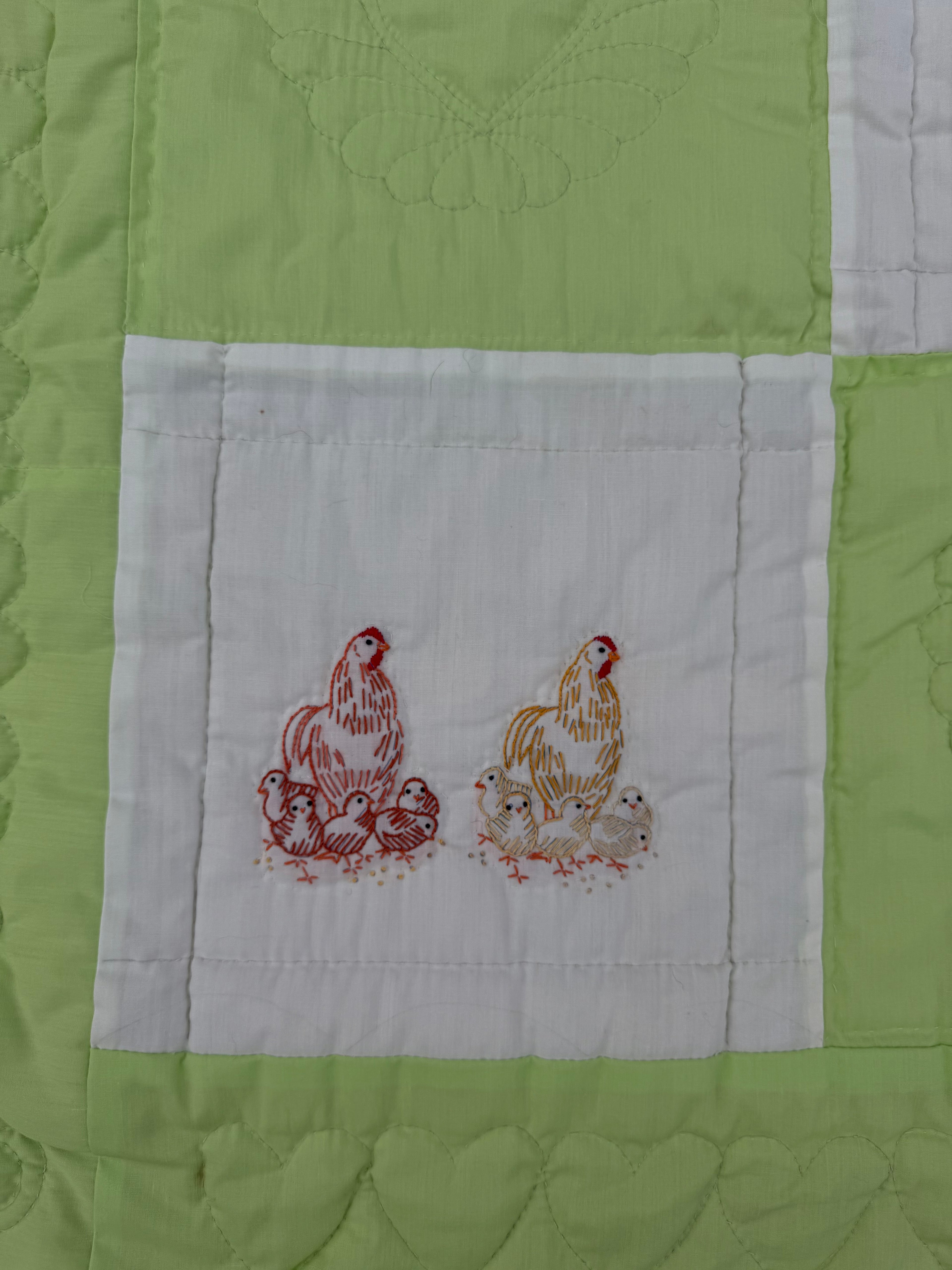 1970s embroidered nursery rhyme crib quilt