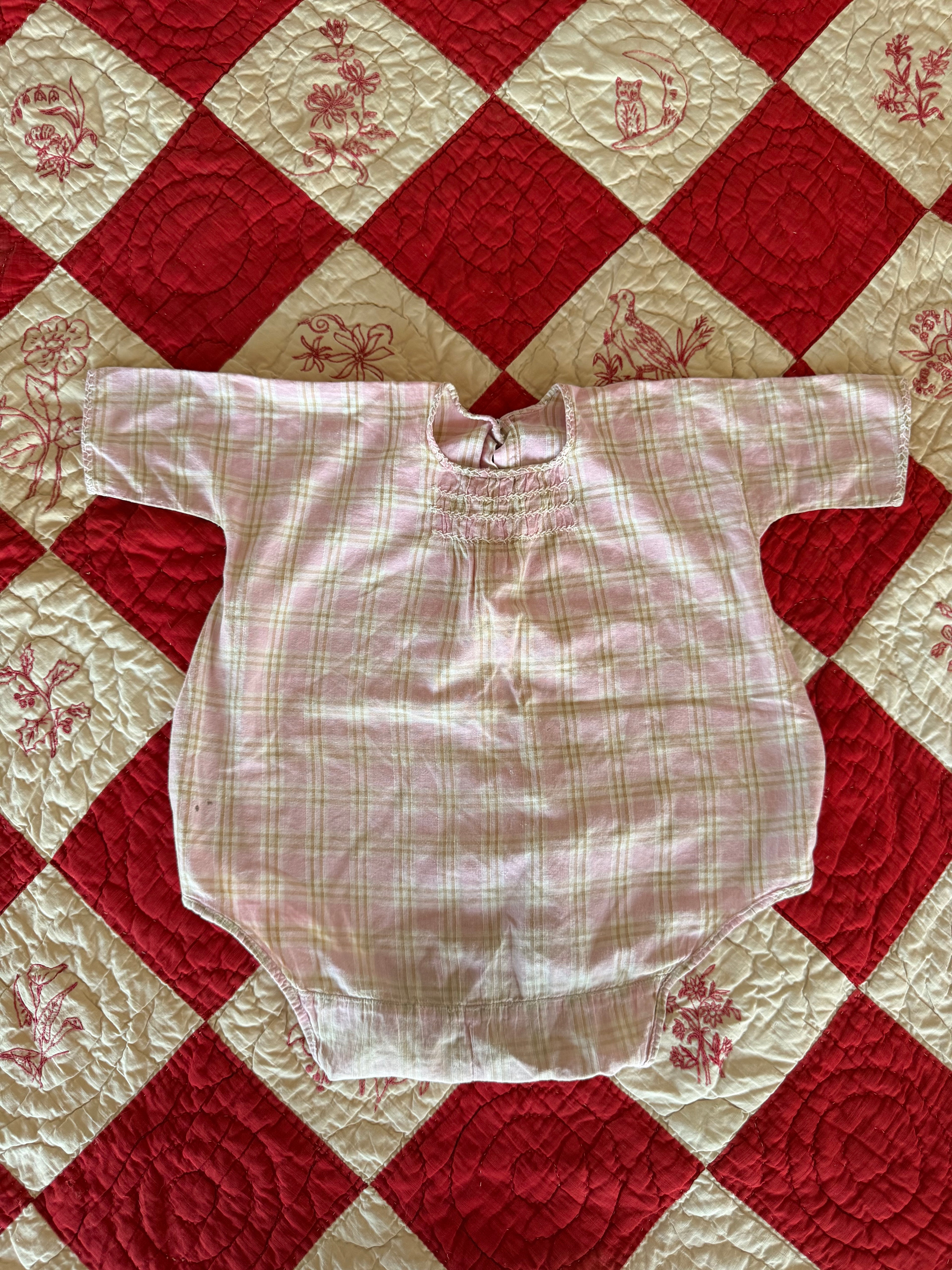 1930s smocked pink plaid romper