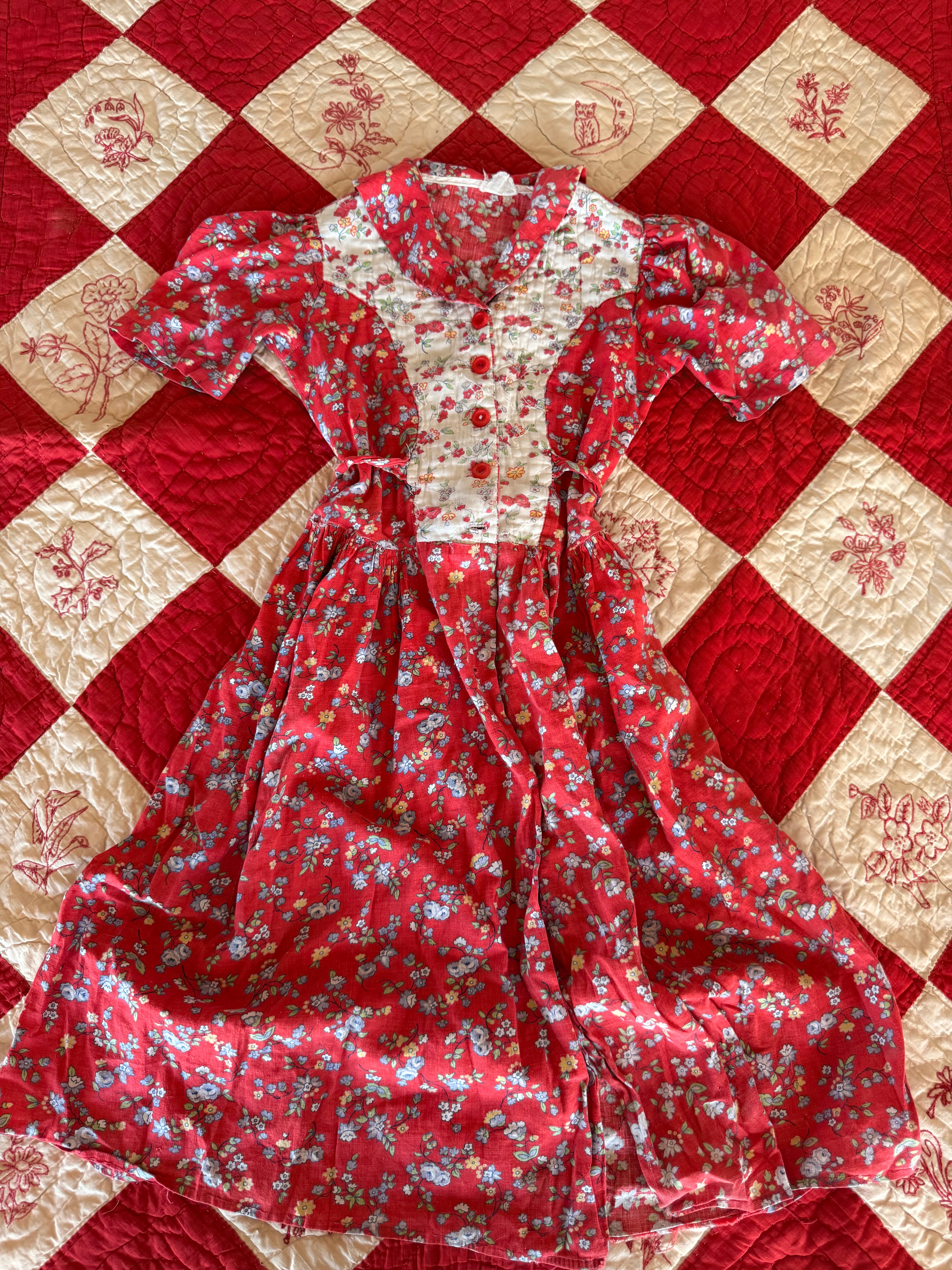 1940s quilted red housecoat dress