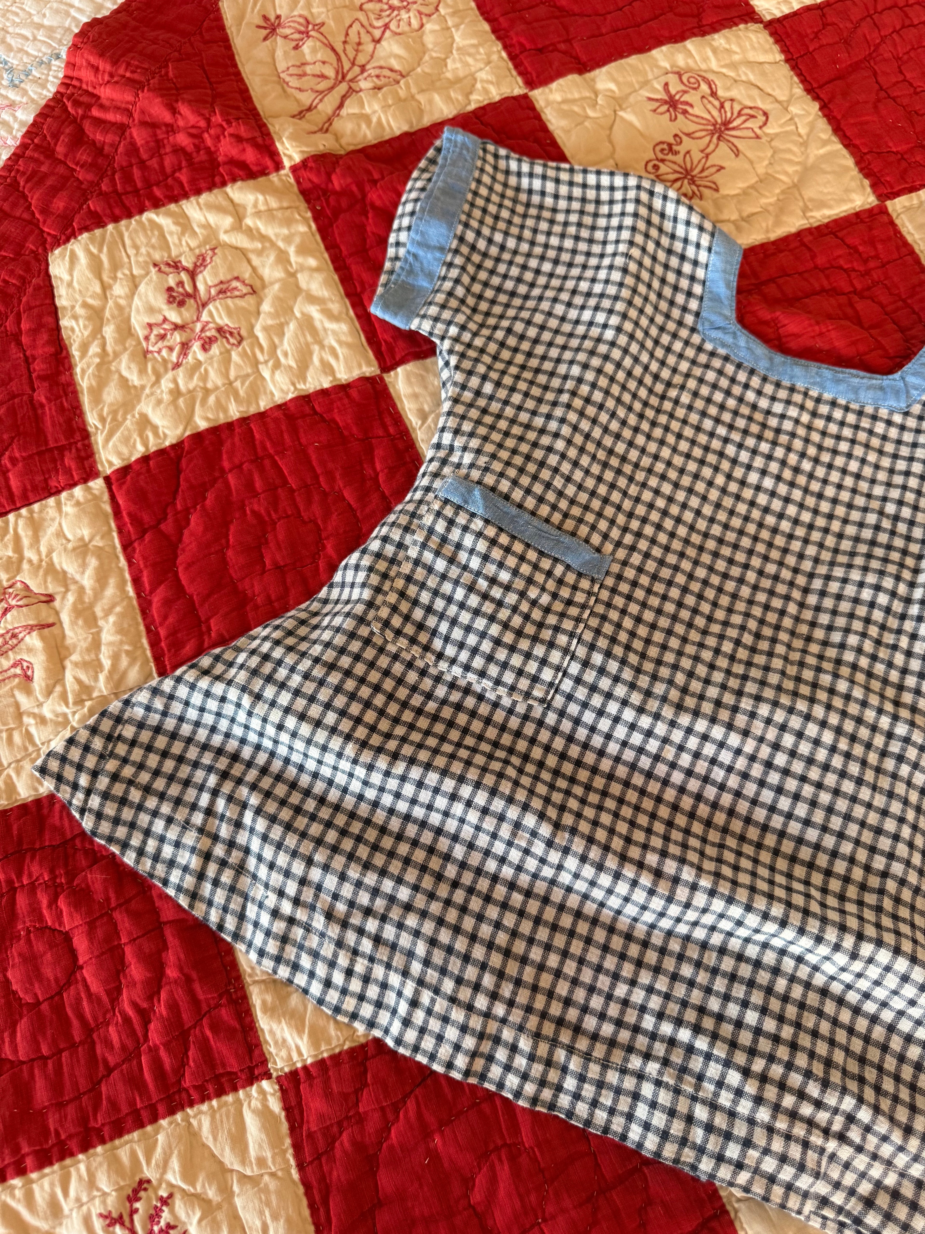 1920s blue checkered apron dress