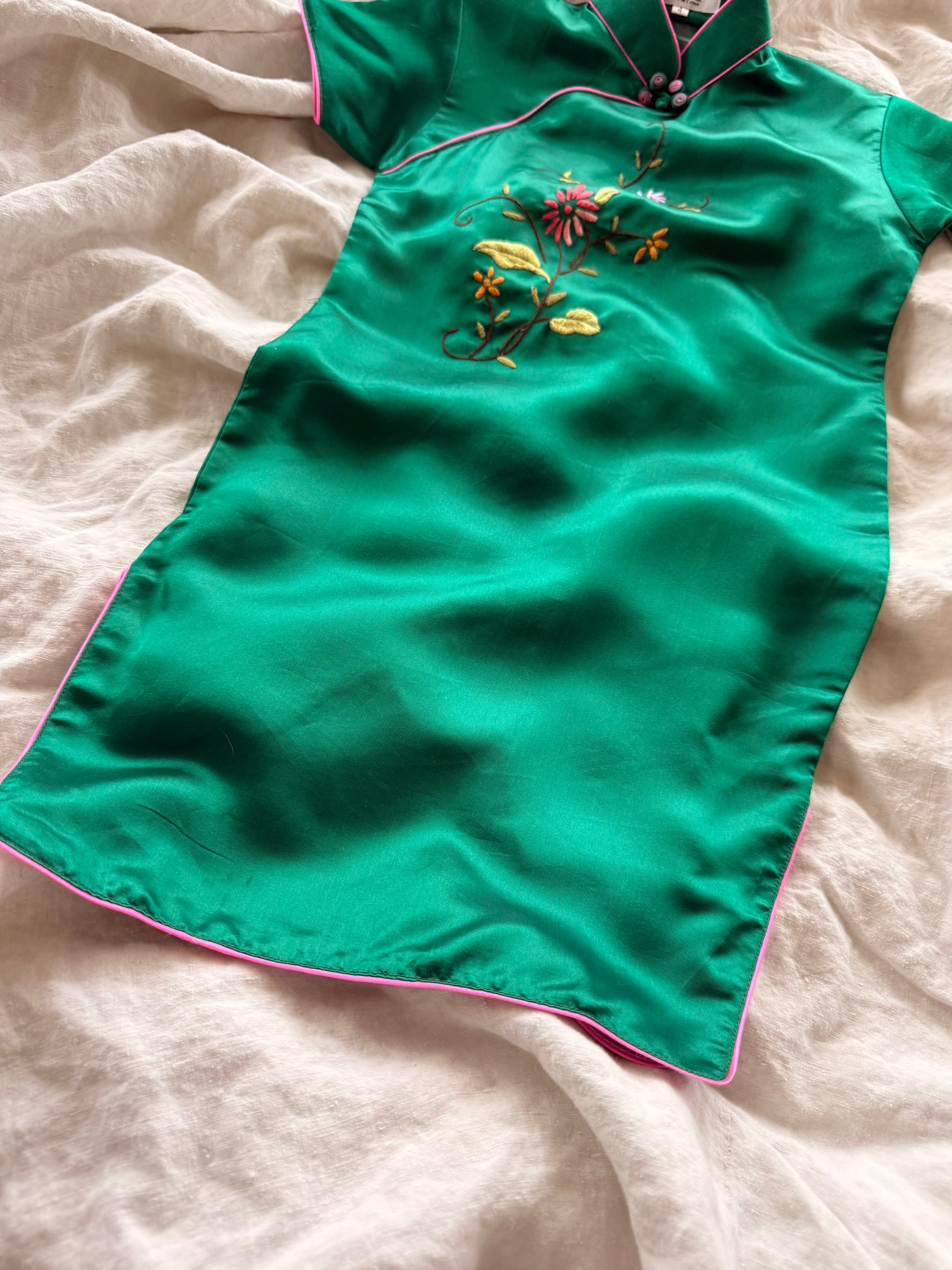 1990s chinese green satin embroidered dress
