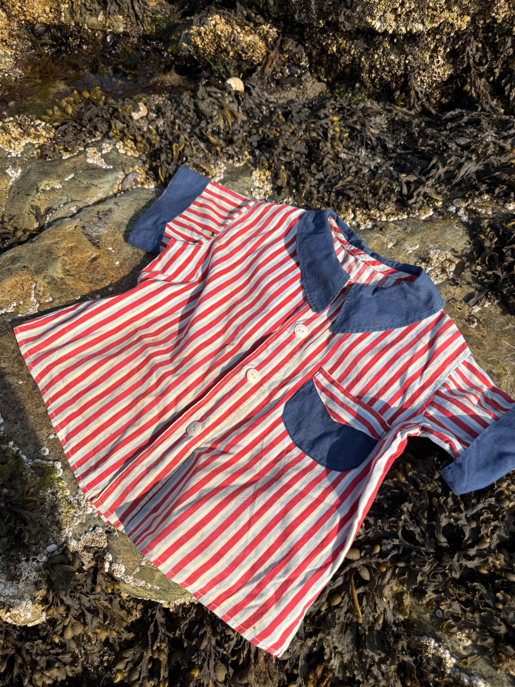 1940s red, white, & blue striped button-down