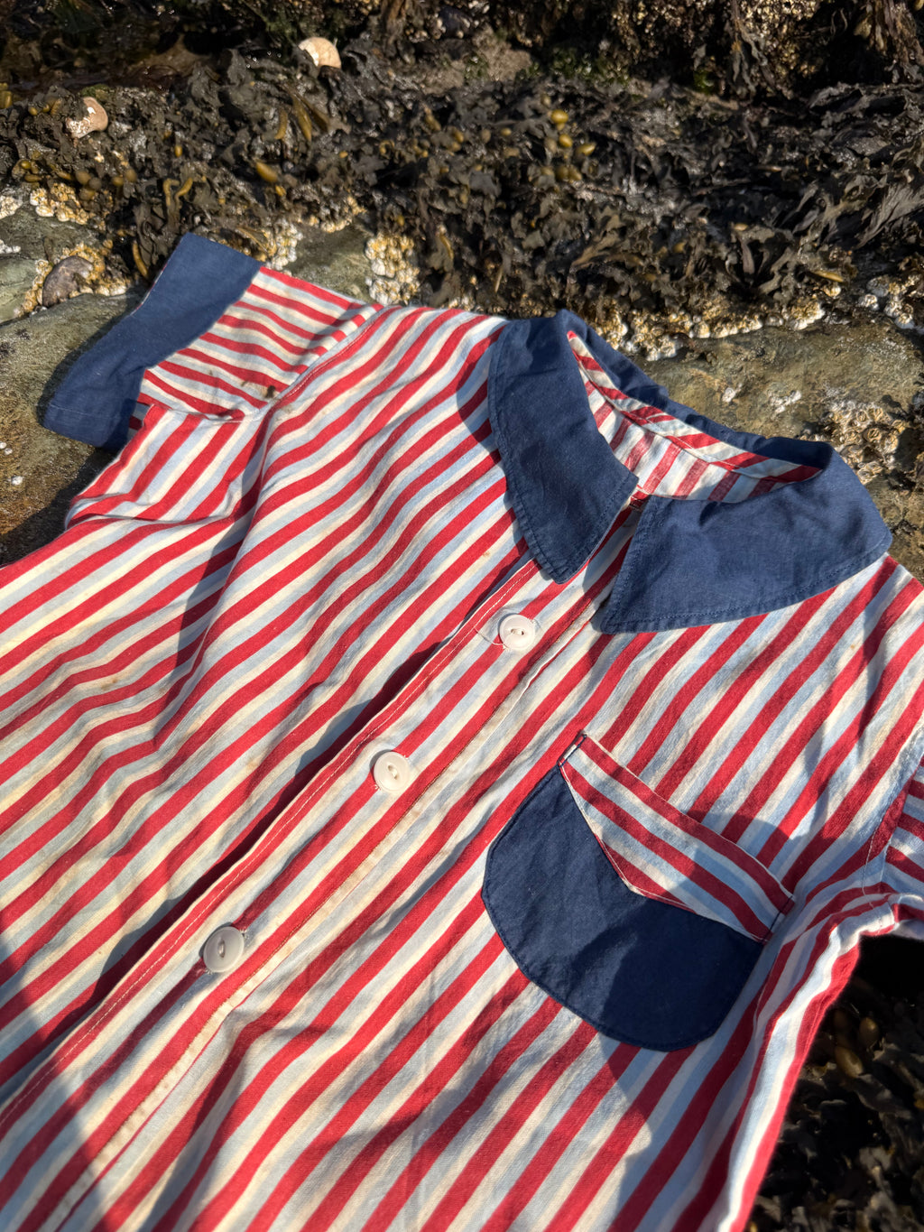 1940s red, white, & blue striped button-down